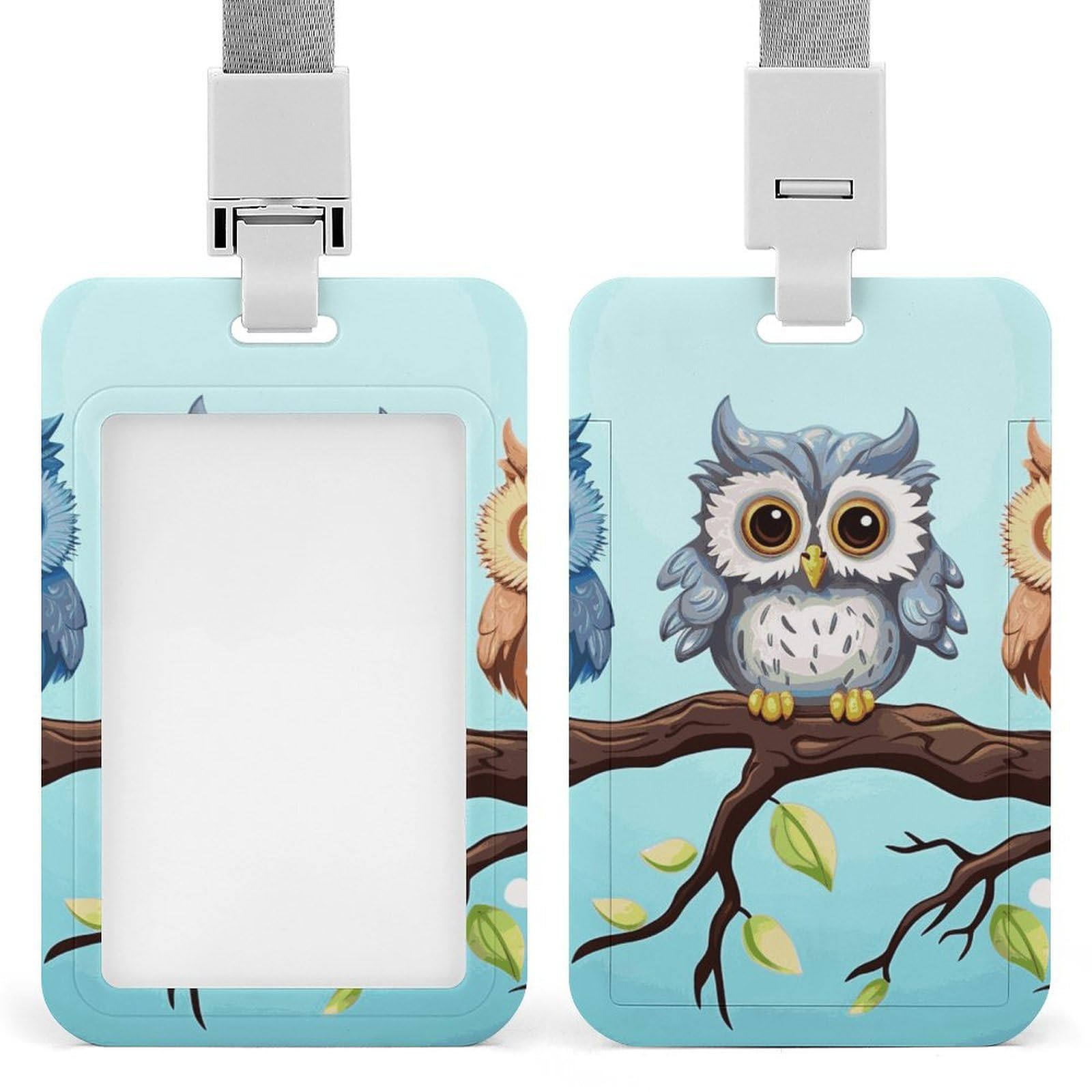 ID Card Holders for Lanyard,Owls on A Branch Printed Badge Holder with Clear Window,Plastic Vertical Bus Pass Holders for Work Teacher Nurse Employees Proximity Key Cards Women Men — image 1
