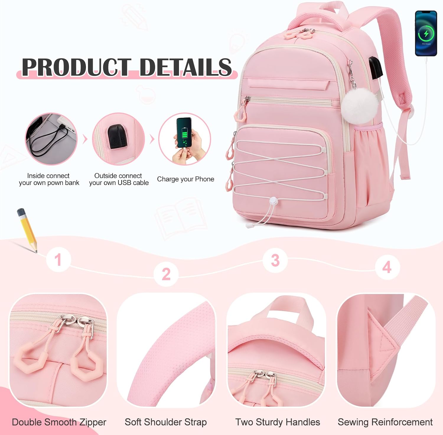 Backpack for Girls, 3 PCS Girls Backpack with Lunch Box, Pencil Cace Set for Teen Girl Kids, Bookbag School Backpacks for Elementary Middle High School College Students Age 3+ Pink - Image 5