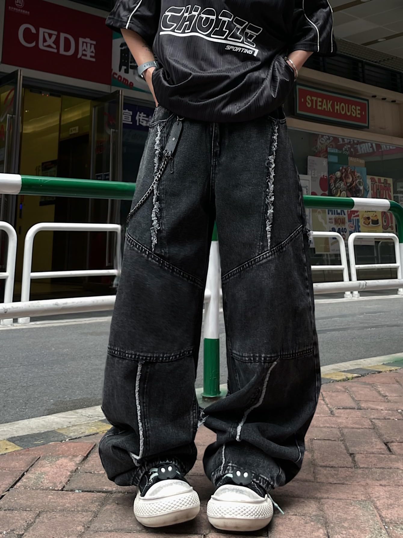 Baggy Jeans da uomo vintage look usato Y2K jeans con orlo francese, vestibilità larga, hip hop streetwear