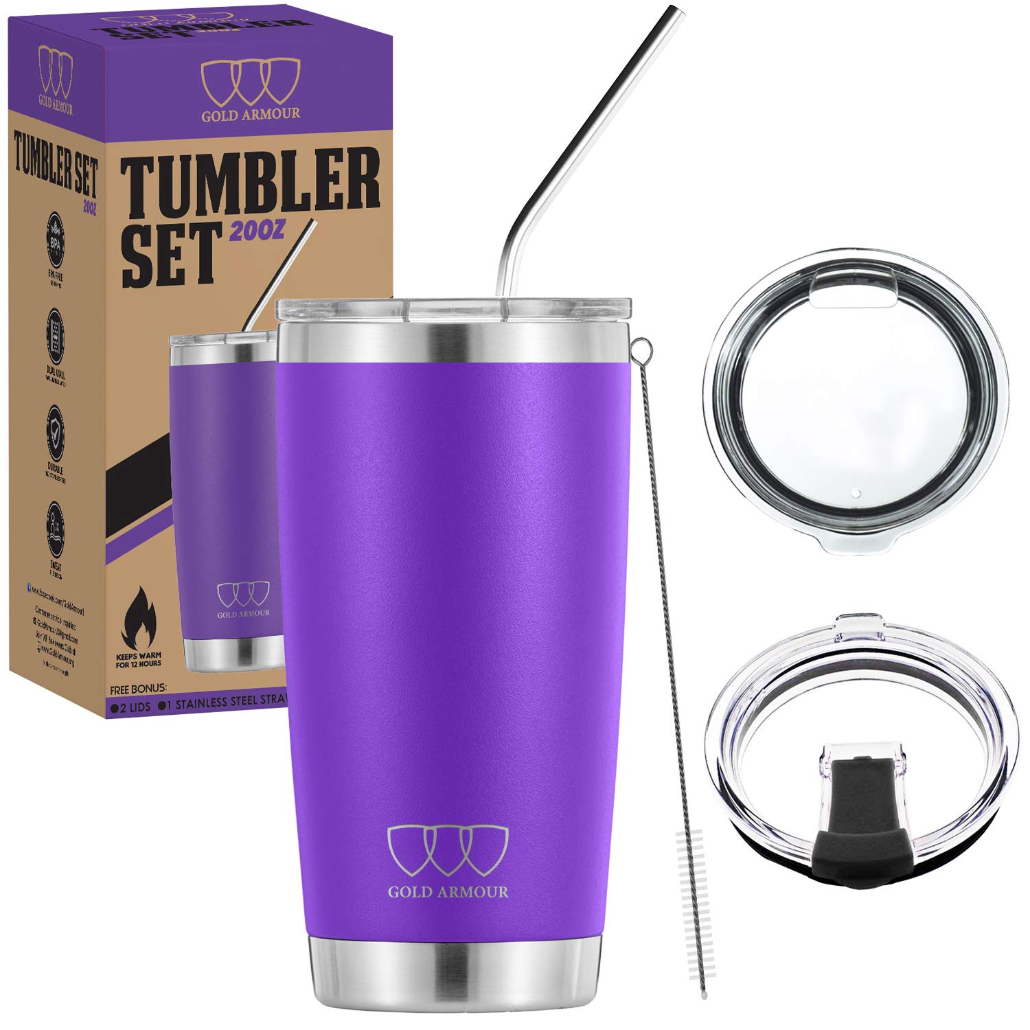 Gold Armour 20 oz Tumbler - 5 Piece Stainless Steel Insulated Water & Coffee Cup Tumbler with Straw, 2 Lids, Straw Cleaner - 18/8 Double Vacuum Insulated Travel Flask (Purple)