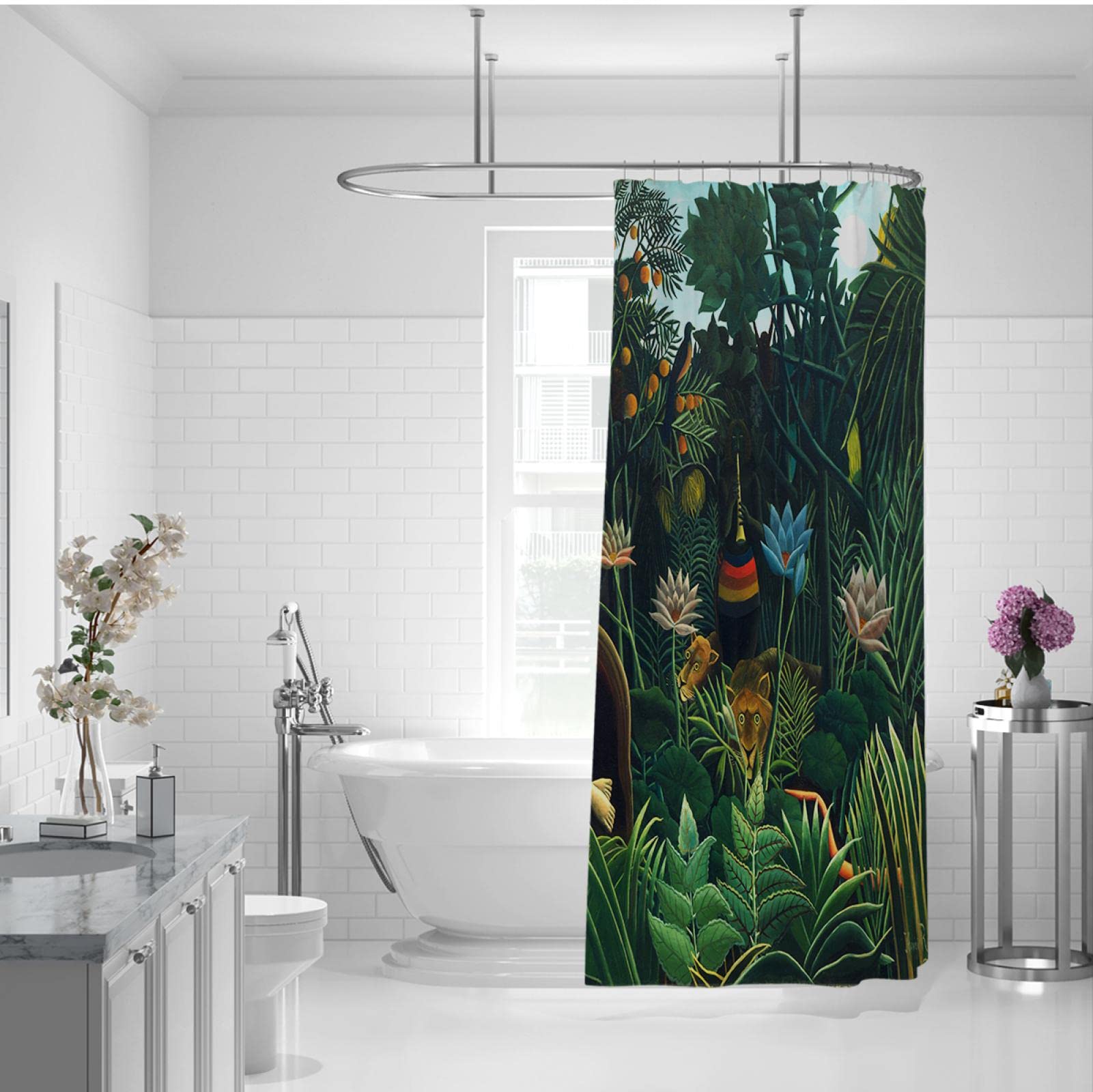 Henri Rousseau Zestaw zasłon prysznicowych z haczykiem Oryginalny design Tropical Plant Theme Rustykalny wystrój domu Zachowaj łazienkę suchy wodoodporny materiał 200x200cm