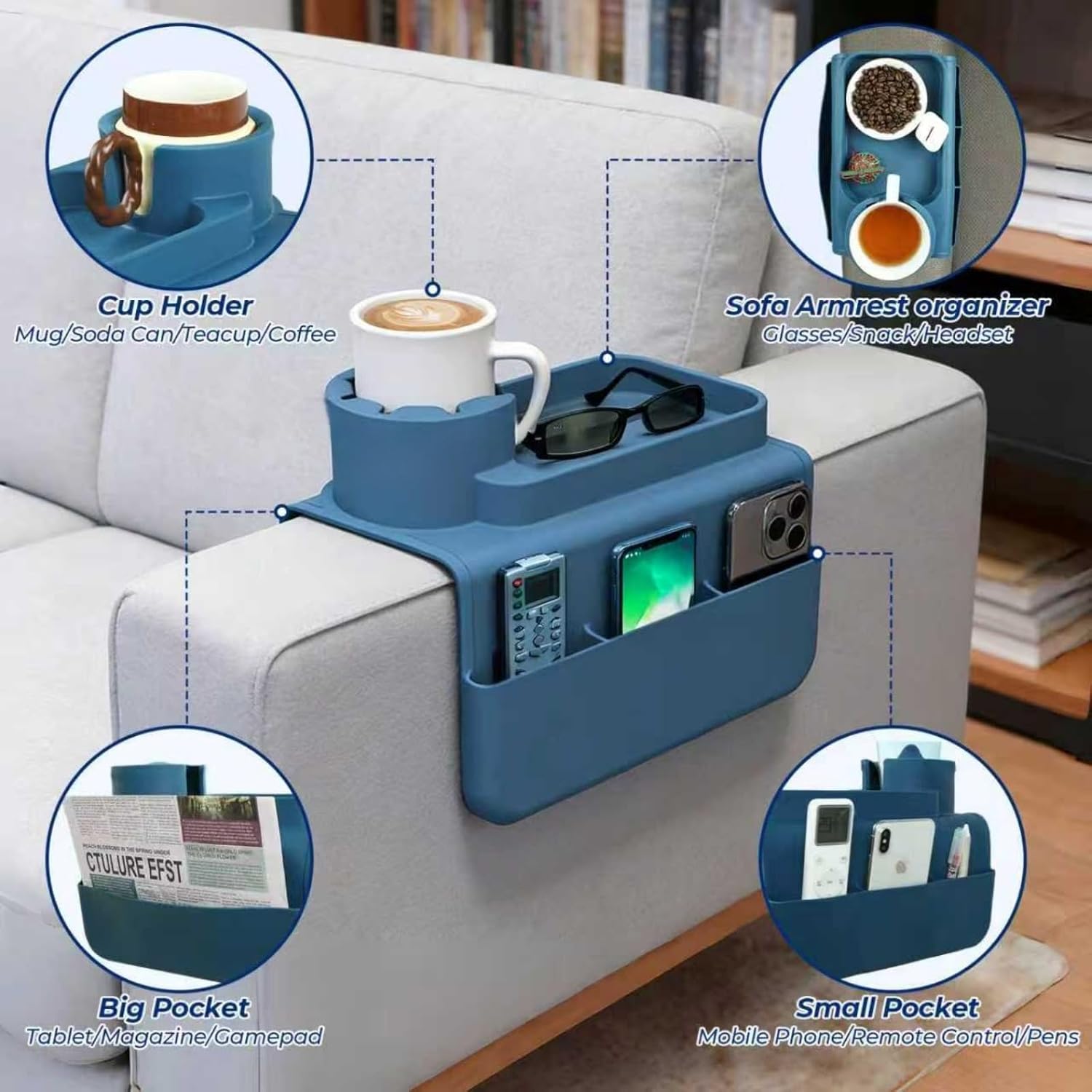 Silicone Couch Cup Holder Tray, 3-Side Sofa Armrest Organizer with Secure Gear-Shaped Locking Holder & Large Tablet Slot, Non-Slip Weighted Armchair Caddy, Couch Accessories (Blue)