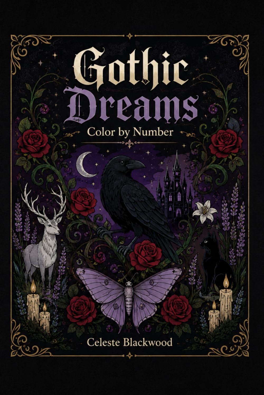 Gothic Dreams Color by Number: 40 Dark Fantasy Illustrations for Adults — Ravens, Roses, Moonlit Gates and More