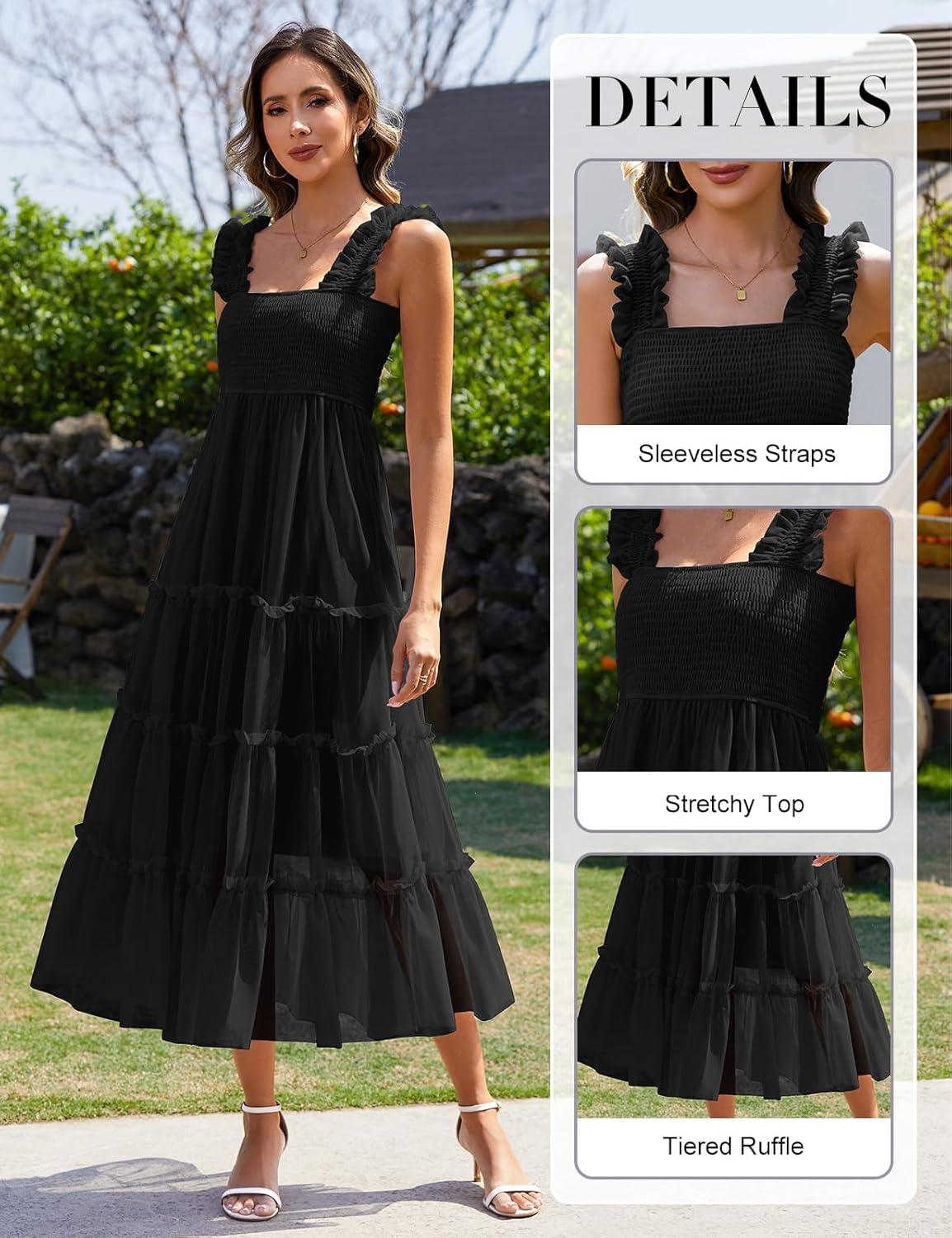 HEEKPEK Womens Summer Midi Dresses 2025 Flowy Tulle Sleeveless Smocked Square Neck Ruffle Tiered Sundress Wedding Guest Party - Image 3