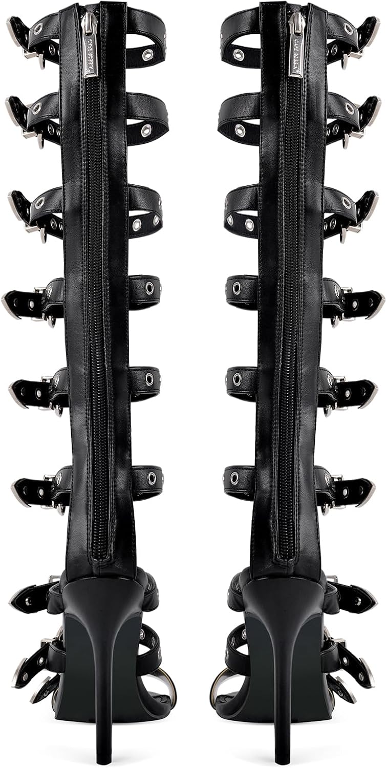 richealnini Back Zip Up Knee High Gladiator Sandals Buckle Belt Straps Wrap Heels for Women - Image 6