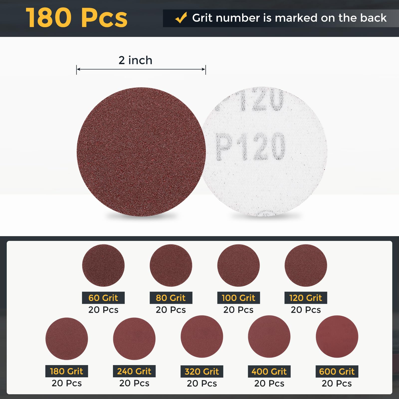 QUARKZMAN 180pcs 50mm 2" Tarcze Szlifierskie 60/80/100/120/180/240/320/400/600 Ziarnistość Papier ścierny Hak Pętla Klocki Do Losowej Szlifierki Orbitalnej do Obróbki Drewna Samochodowego Metal