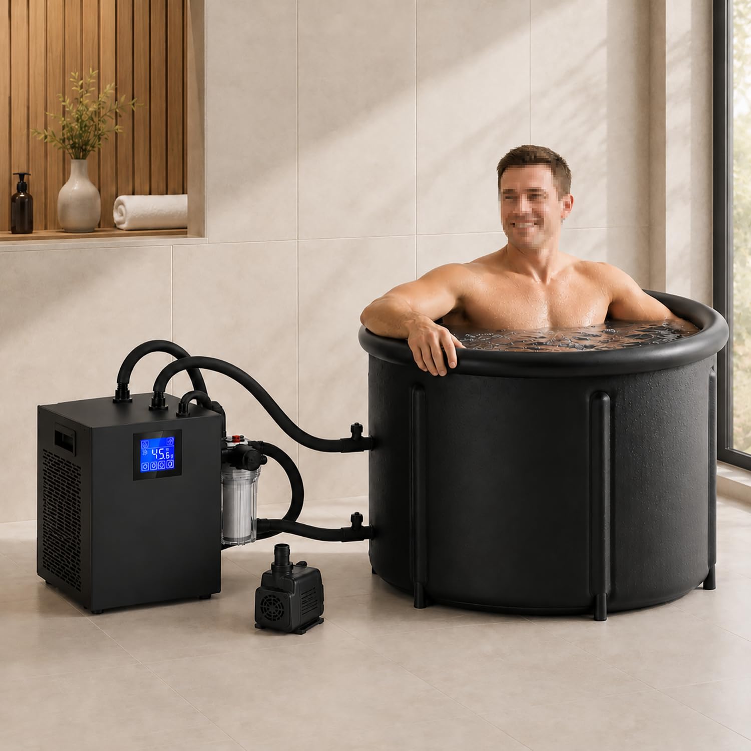 Enfriador de agua 1/3HP para bañera de hielo, ice bath chiller con doble bomba, bomba sumergible para aspirar y circular agua, filtro PP externo, control LED,bajo ruido <45 dB,300L,agua dulce y salada