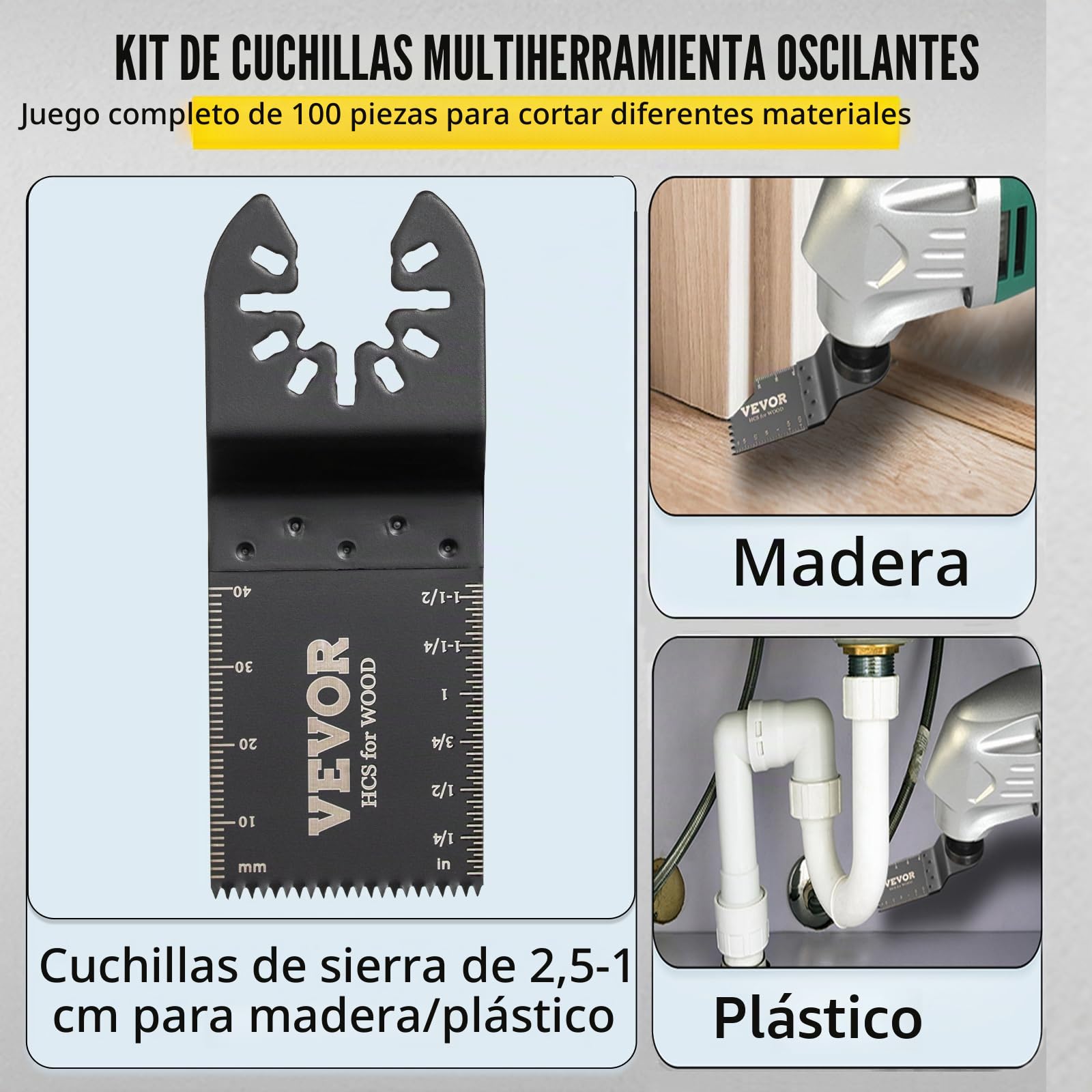 VEVOR Hojas de Sierra Multiherramienta Oscilante 100 Piezas Kit de Hojas de Sierra Oscilante 1-3/8 pulgadas Cuchillas de Herramientas Oscilantes Material de HCS para Madera Plástico