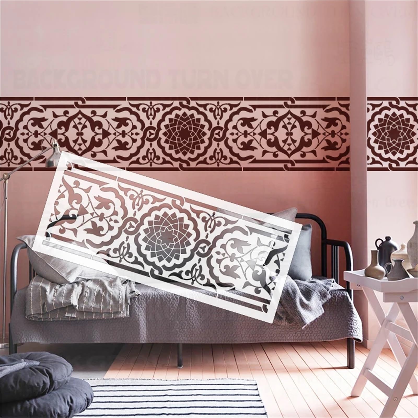 Szablon do malowania ścian, Szablony ścienne do malowania gipsu Kit Cegła Adamaszek Obramowanie Białe Wiele rozmiarów(XL 100cmX35cm)