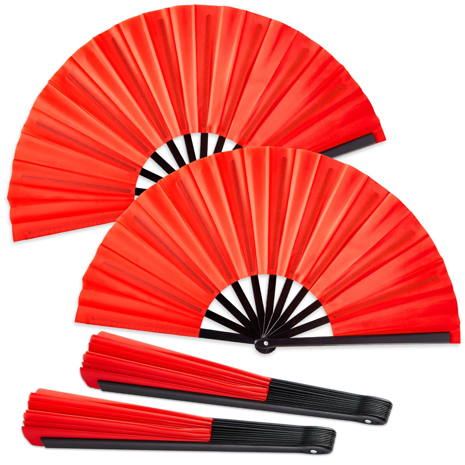 Qyeahkj 2Pcs Red Hand Fan for Men Women Large Folding Hand Fan Rave Clack Handheld Fans Chinese Tai Chi Nylon Cloth Kung Fu Fans for EDM Club Party
