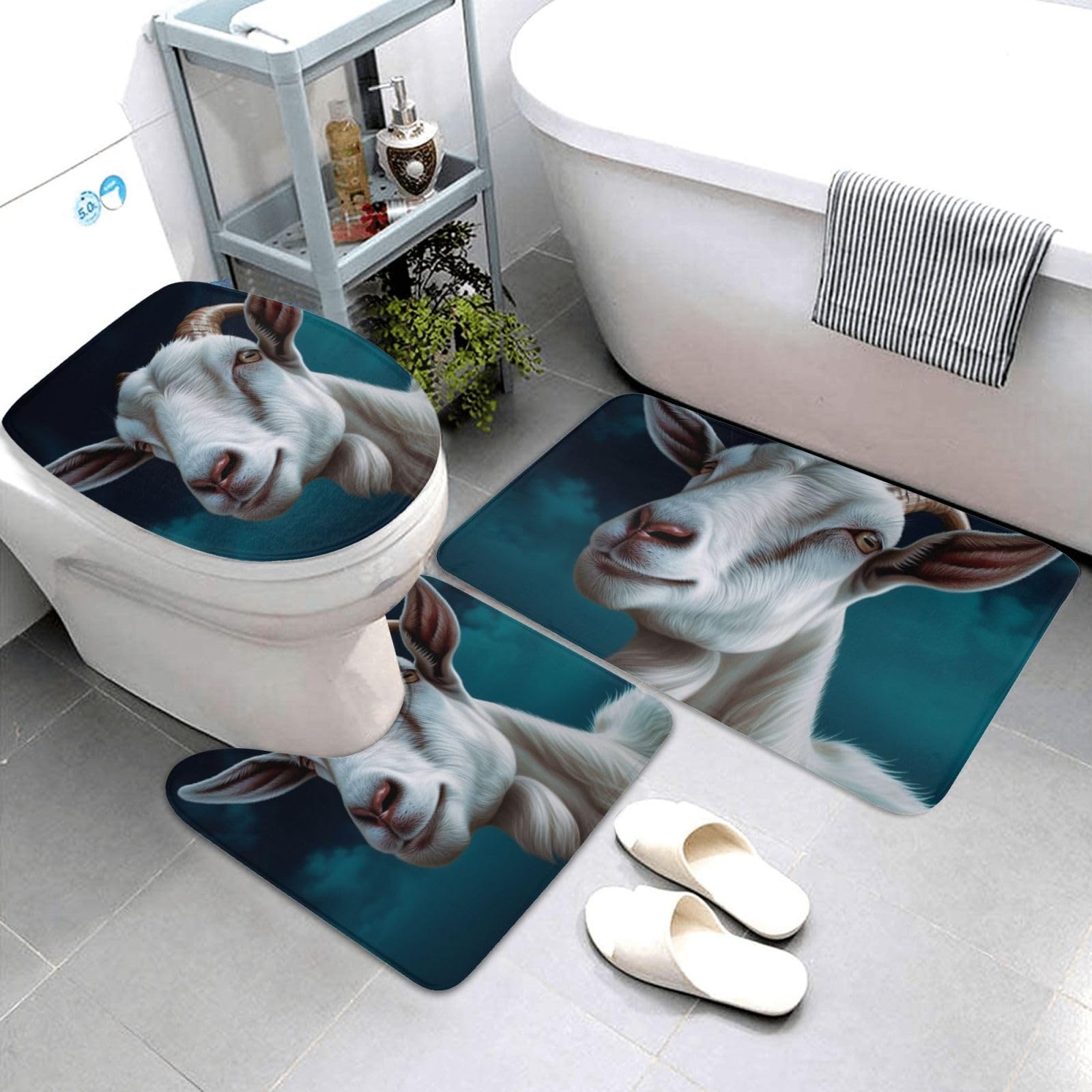 Dwrepo Goat Print Bathroom Rug Set 3 Piece with Non-Slip U-Shaped Contour Mat and Toilet Lid Cover for Bathroom Decoration