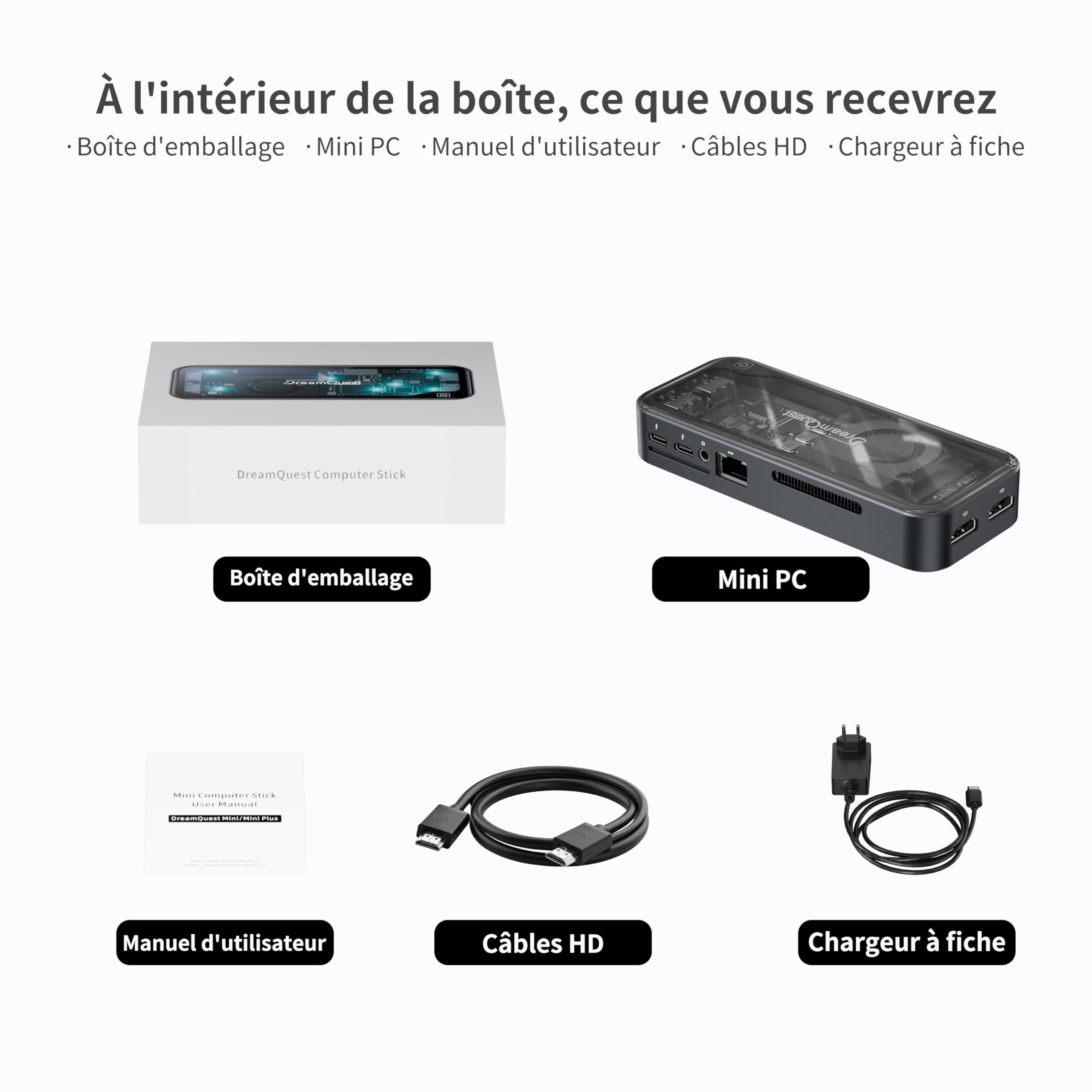 DreamQuest Mini PC Windows 11 Pro Processeur Intel N95 12ème génération (Jusqu’à 3,4 GHz), 12Go DDR5 512Go M.2 SSD, 2*USB|2*HDMI 4K@60Hz|4*USB 3.2|LAN|Wi-FI 6|Bluetooth 5.3