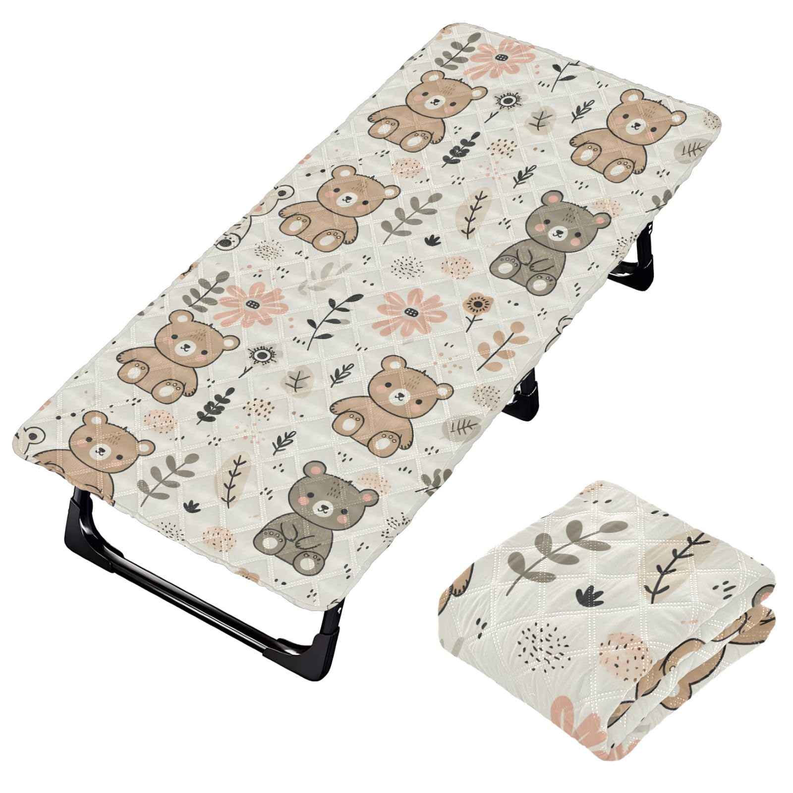 Portable Toddler Bed Sheet for Kids Lovely Bear and Simple Flowers Travel Bed Fitted Sheet