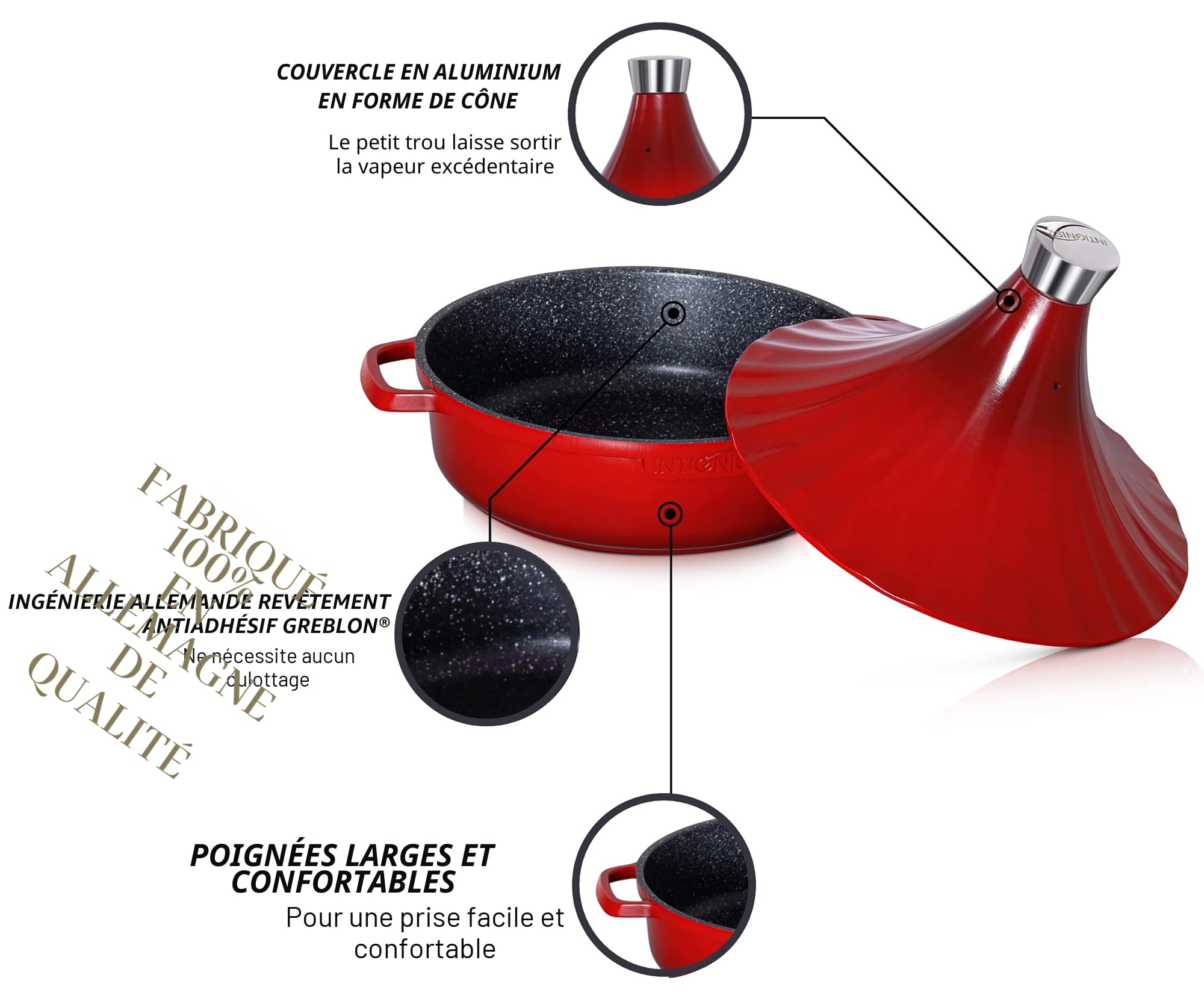 Tajine Marocain En Aluminium 28 Cm Avec Couvercle Auto-Arrosant – Plat À Tajine Pour Cuisson Lente Tous Feux Induction 4,2 L Antiadhésif Sans PFOA Passe Au Four