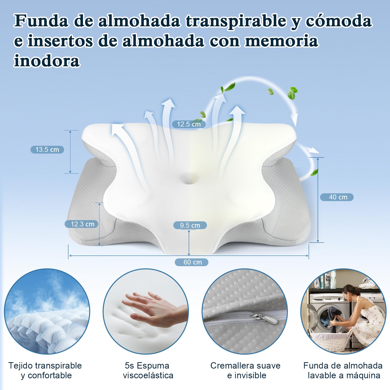 PHYSEN Almohada Cervical Ergonómica para Cuello, Almohada de Espuma Viscoelástica, Almohada Ortopédica para Dormir de Lado, Boca Arriba o Boca Abajo, 62x41x13cm