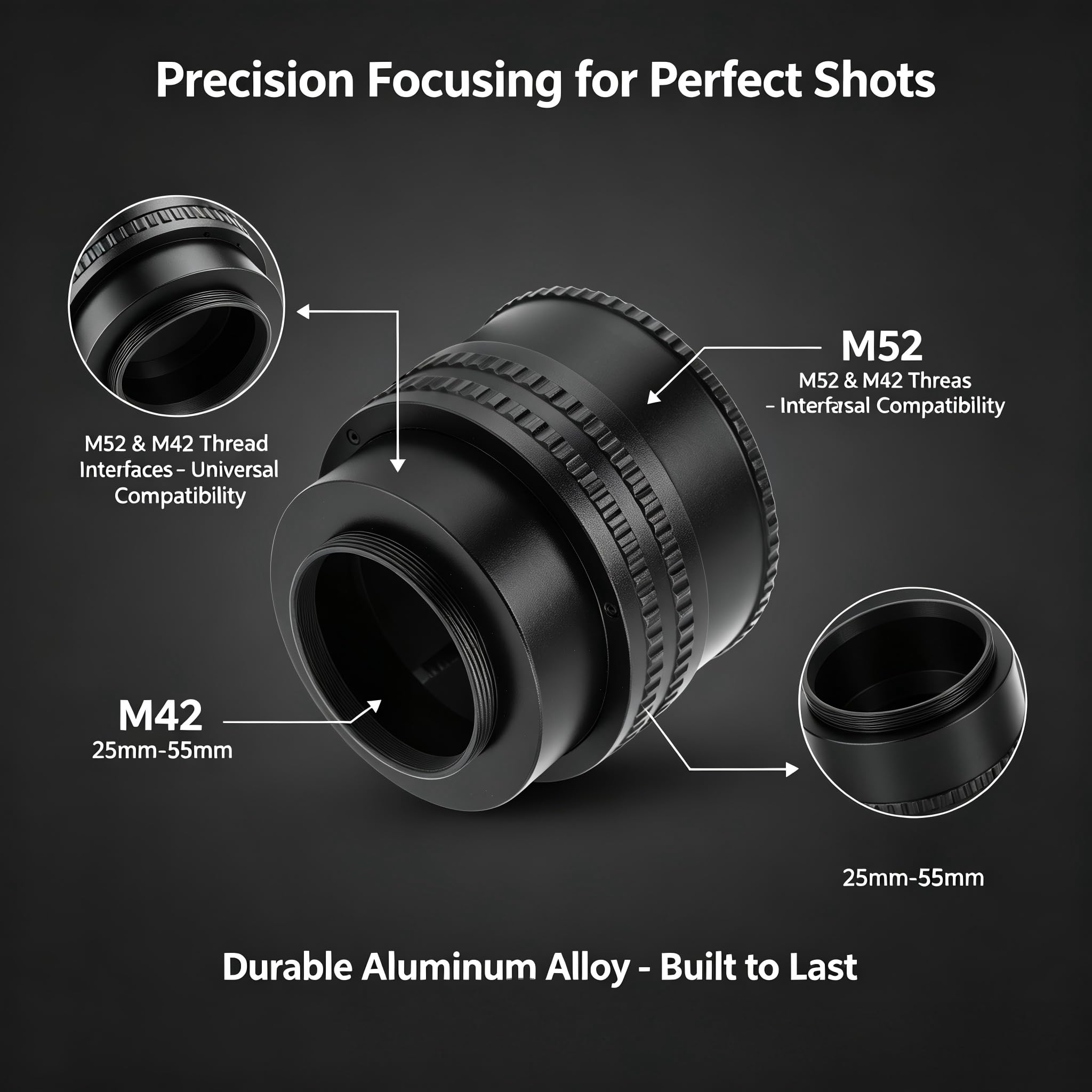 Kamera Fokussier Helicoid AdapterM52 auf M42 Einstellbarer Fokussierungs Helikoid Adapter 25-55mm Längenverstellbarer Fokussier Helicoid Ring Makro-Verlängerungsrohr für Makrofotografie