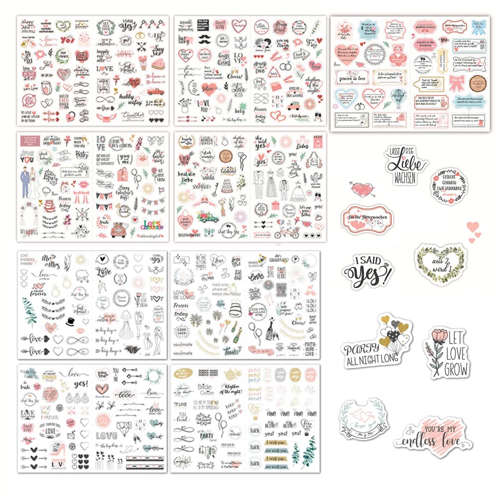 ZOOMPIL Pegatinas para Boda Libro, 9 Hojas Pegatinas Boda Scrapbooking, Vintage Pegatinas Scrapbooking para álbum de Fotos de Boda, Pegatinas para Bullet Journal