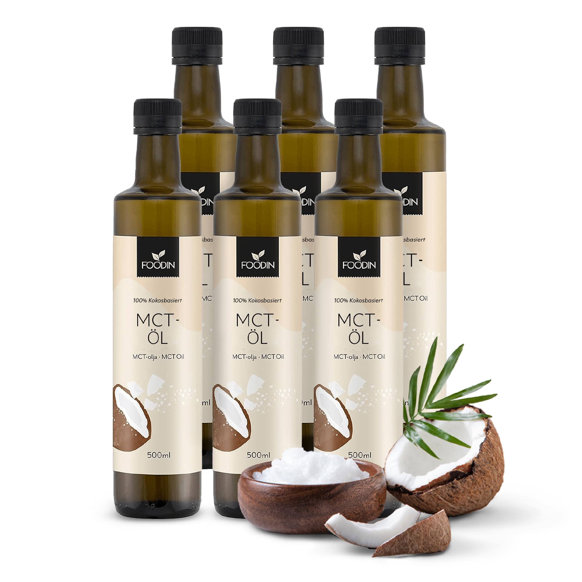 FOODIN MCT Öl 3000ml (6 x 500 ml) aus 100% Kokosöl, Mittelkettige Triglyceride (MCT) Oil, Hergestellt aus produzierter Kokosnuss, 100% glutenfrei und vegan, Ideal für Ketogene Ernährung