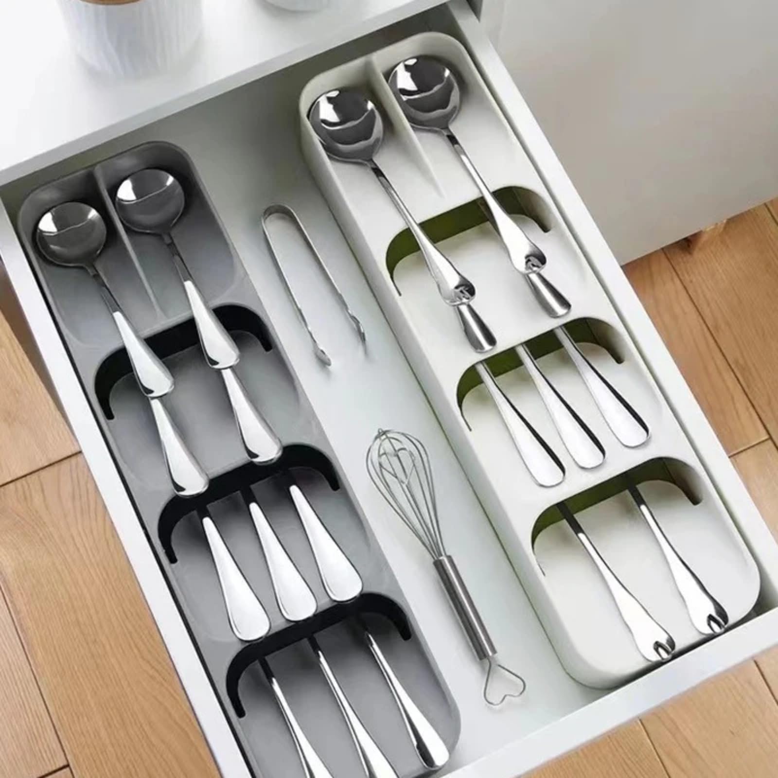 Kitchen Cutlery Storage Tray Knife Fork Compartment Storage Box Tableware Organizer Spoon Box Divider PP Drawer Container Holder (Grey)
