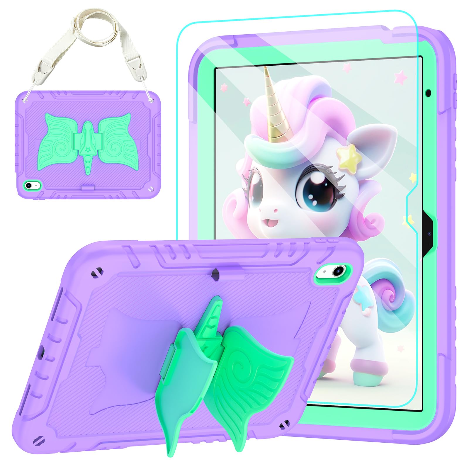 for iPad (A16) 11th Generation 11 Inch 2025/iPad 10th Generation Case 10.9 Inch 2022 with Tempered Glass Screen Protector,Unicorn Stand,Shoulder Strap,for iPad 10 Case Kids Girls (Purple)