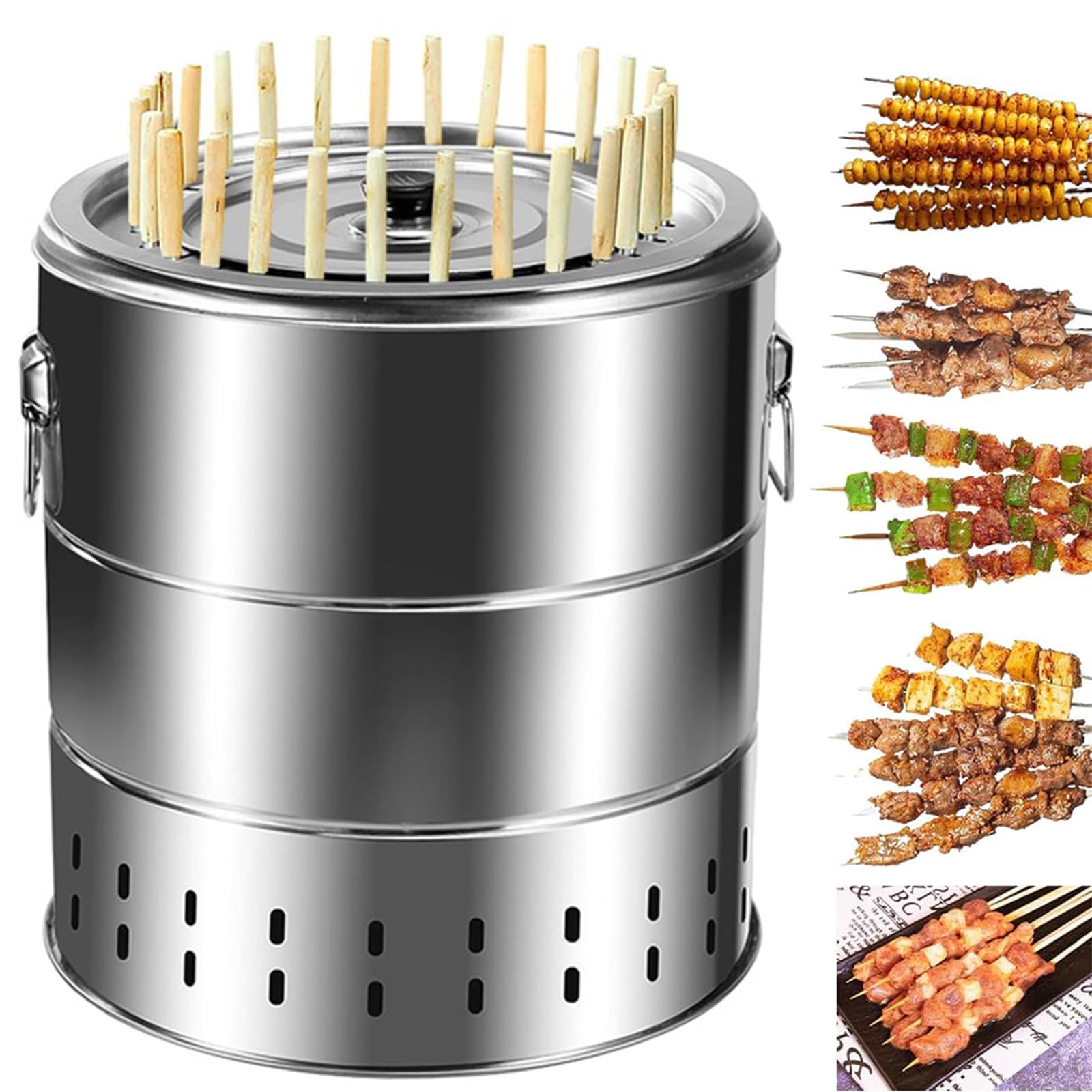 Przenośny grill bezdymny, grill kebabowy ze stali nierdzewnej z 28 szpikulcami i rusztem do gotowania