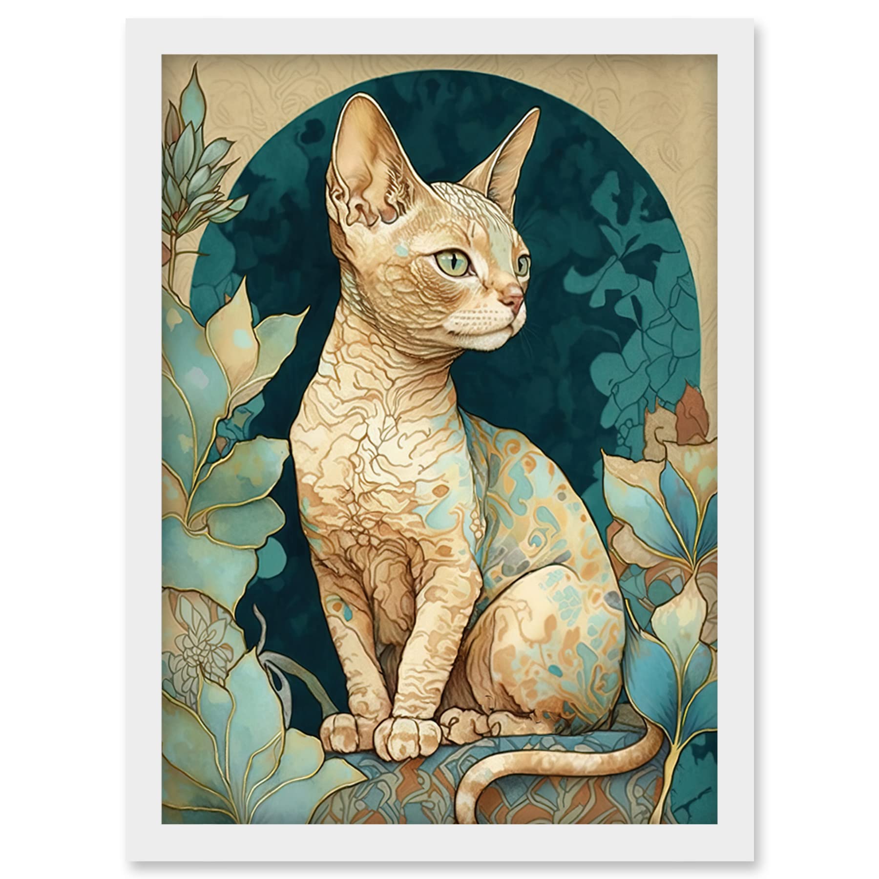 Artery8 Framed Wall Art Print - Devon Rex Cat - Art Nouveau Modern Illustration - A4