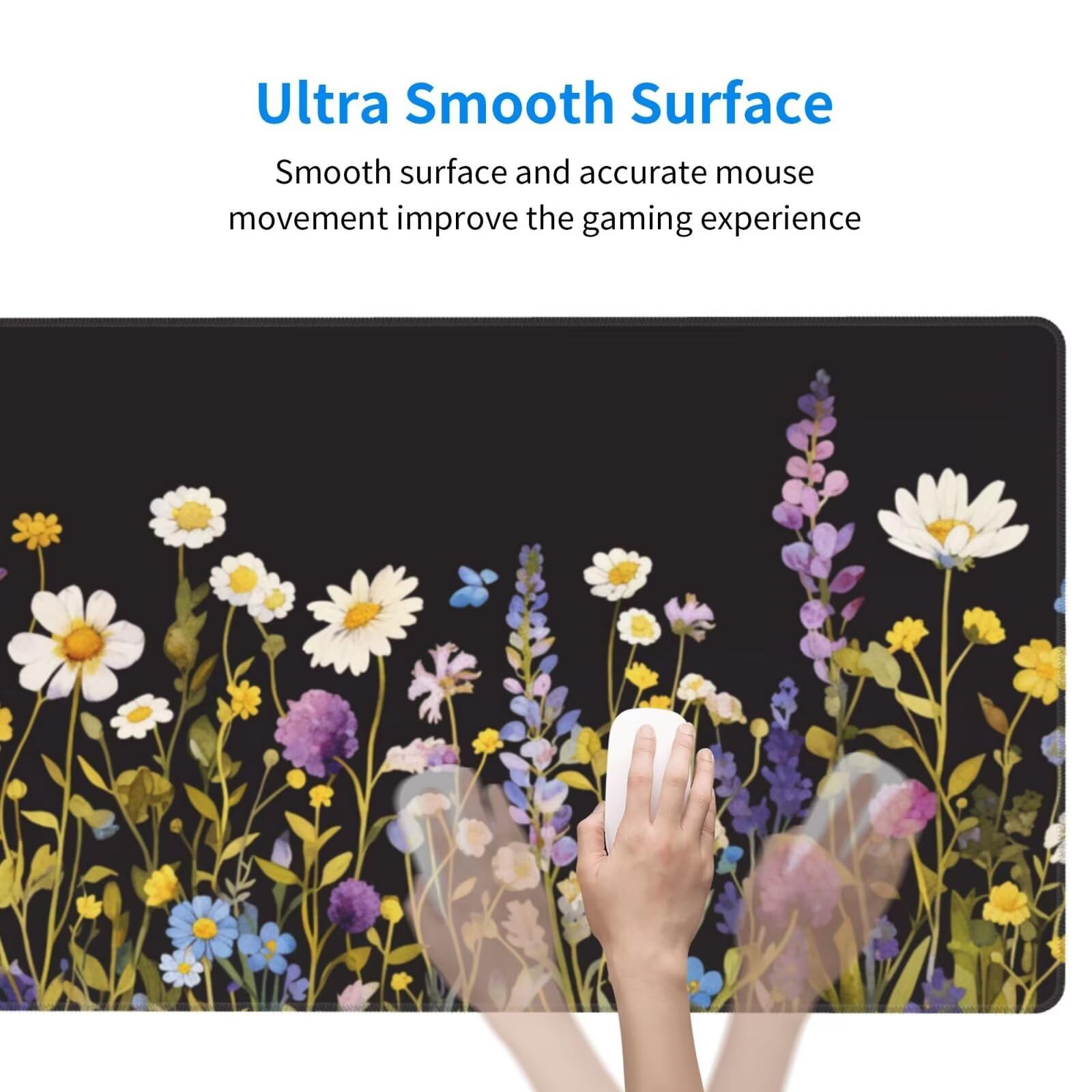 Gaming Mauspad XXL 1200x600x3mm Mousepad Verlängertes Groß Mauspad Schreibtischauflage,Genähte Kanten rutschfeste Gummibasis,Verbessert Präzision Geschwindigkeit Home Office Kleine weiße Blume L-1672
