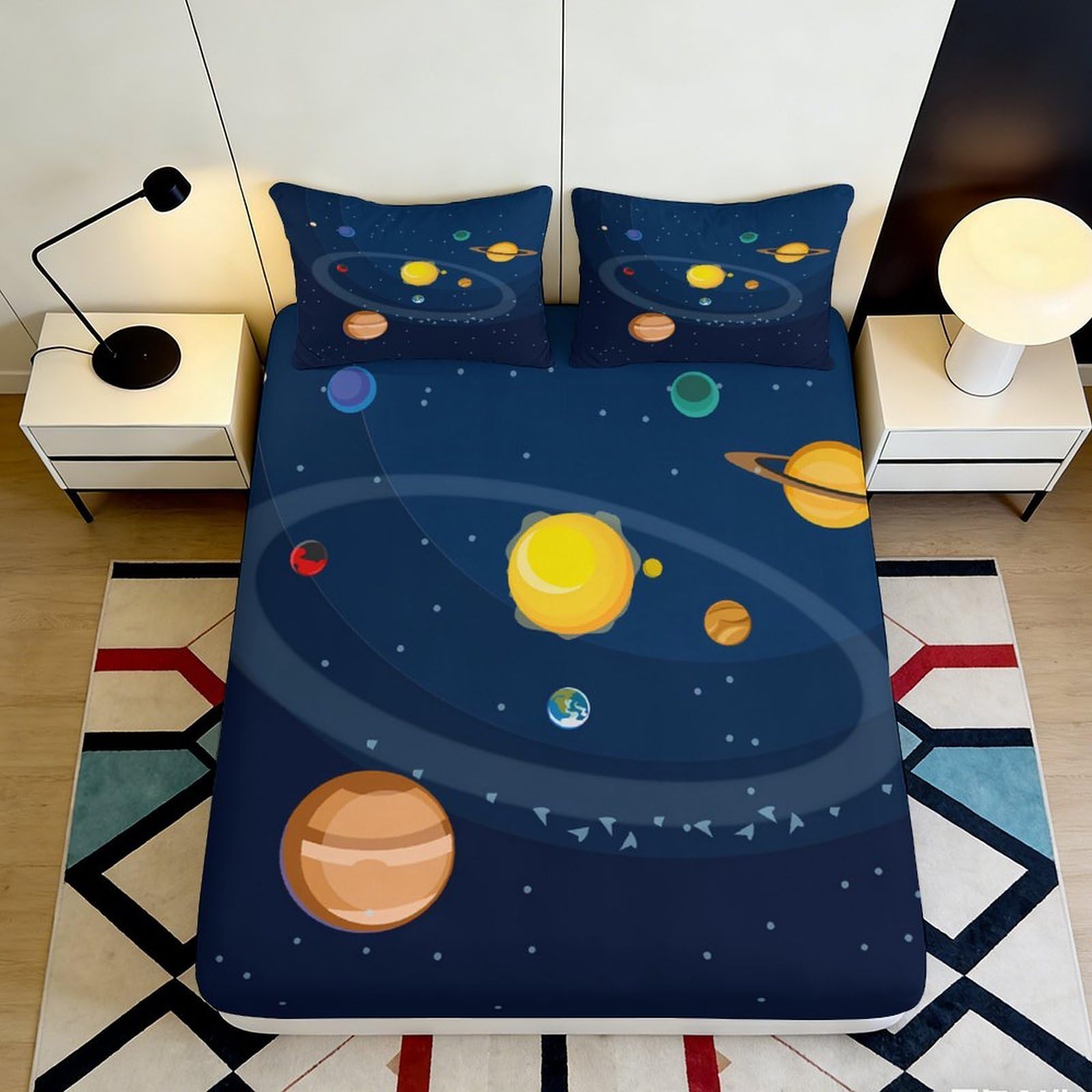 3D Printed Solar System Fitted Sheet Microfiber Soft Breathable Space Planets Mattress Cover for Bedroom Dormitory Guest Room Protection Decor 160x200x25cm