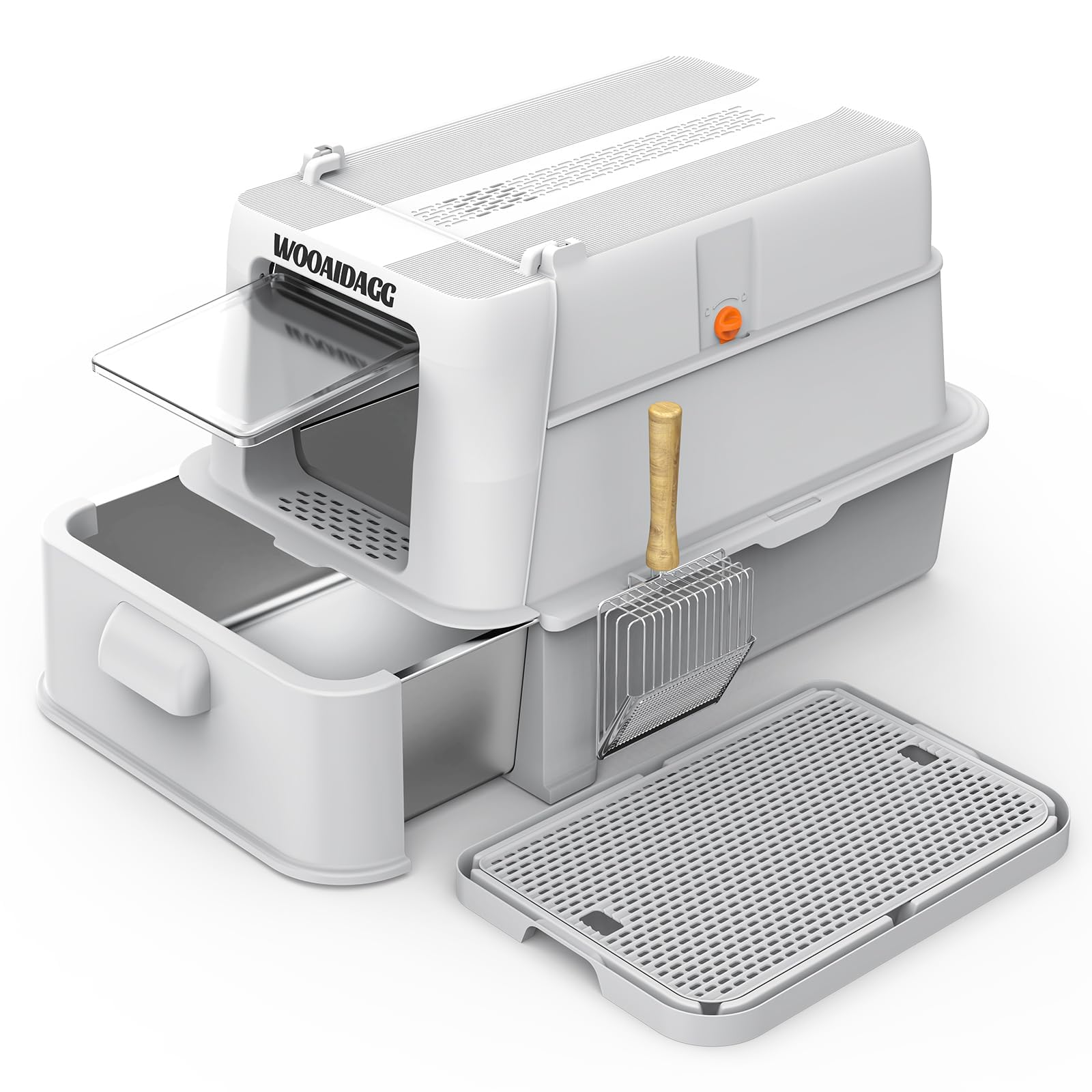 Covered Stainless Steel Cat Litter Box with Odor Control, Modular Design with Drawer, Easy to Clean with Scoop,XL Size Fits All Cats (Light Grey)