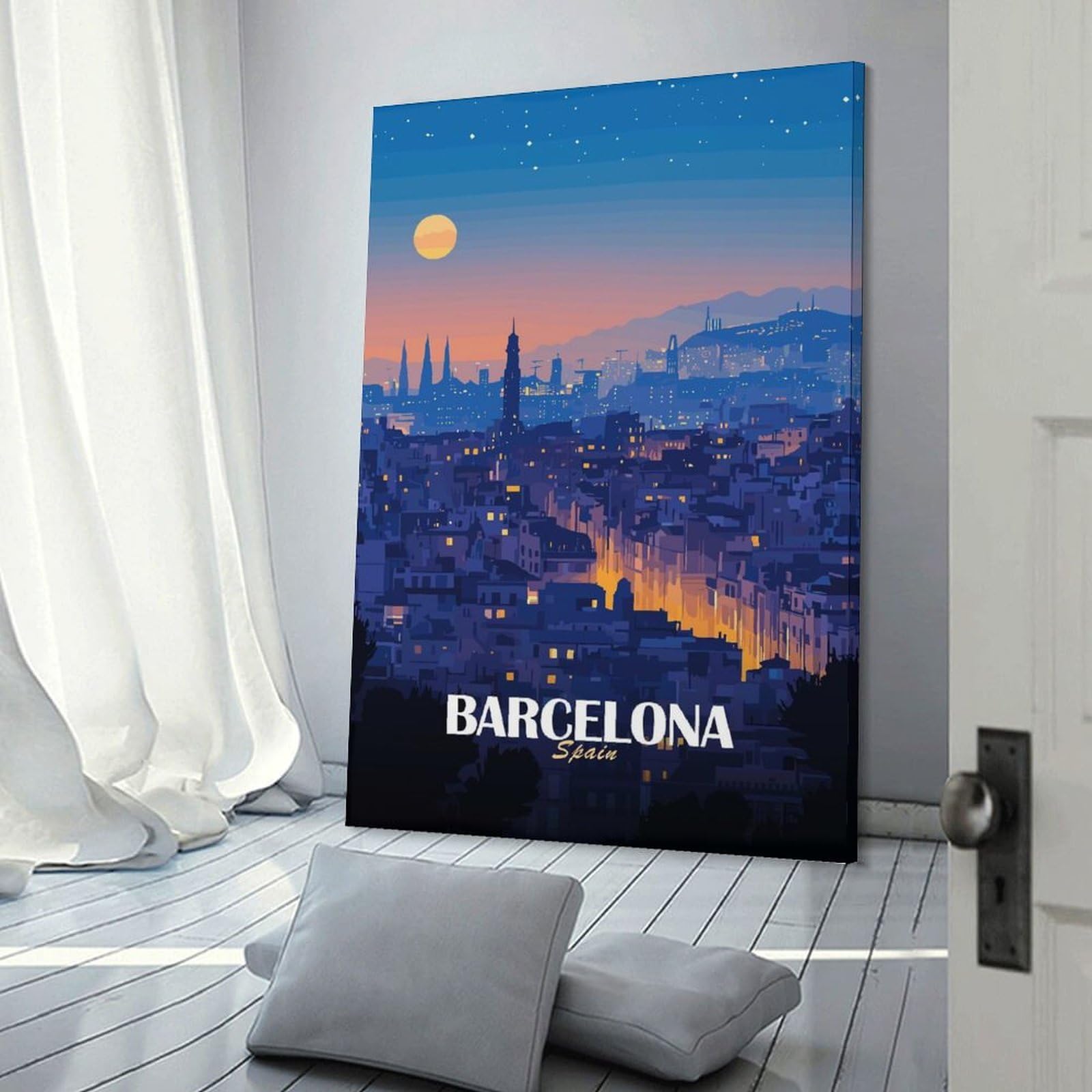 Junmoney Canvas Wall Decor Barcelona, Spain at Night, 20x30inch(50x75cm), for Bedroom Decor, Cosy Corners Or Studios, Decorative Wall Art for Cosy Rooms