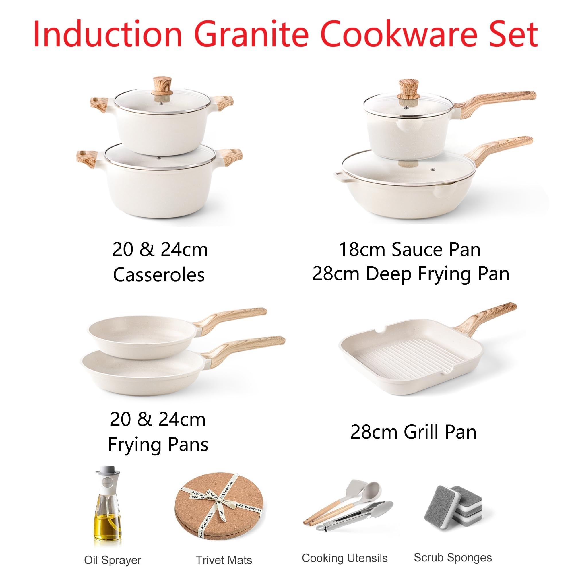 RIOVARM Induzione Set di pentole e padelle con coperchi In granito Antiaderente Set di pentole con padella per grigliare cucina essenziale Pentola Padella per salse Spatole