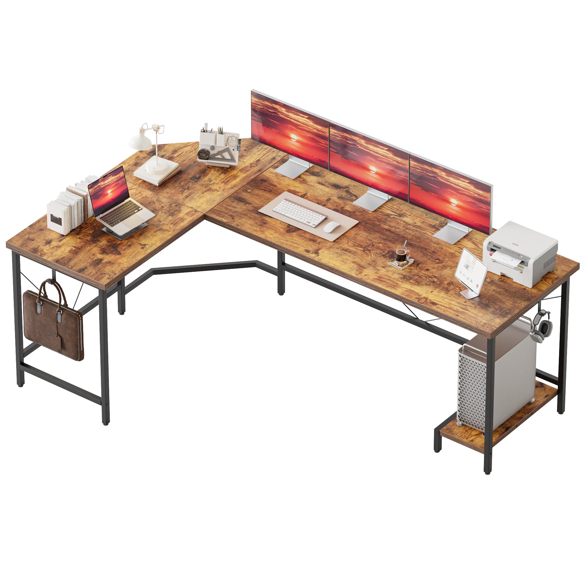 Mericonia L‑förmiger 170 cm Eck‑Gaming‑Schreibtisch fürs Homeoffice – stabil, platzsparend & einfach aufzubauen, braun, 