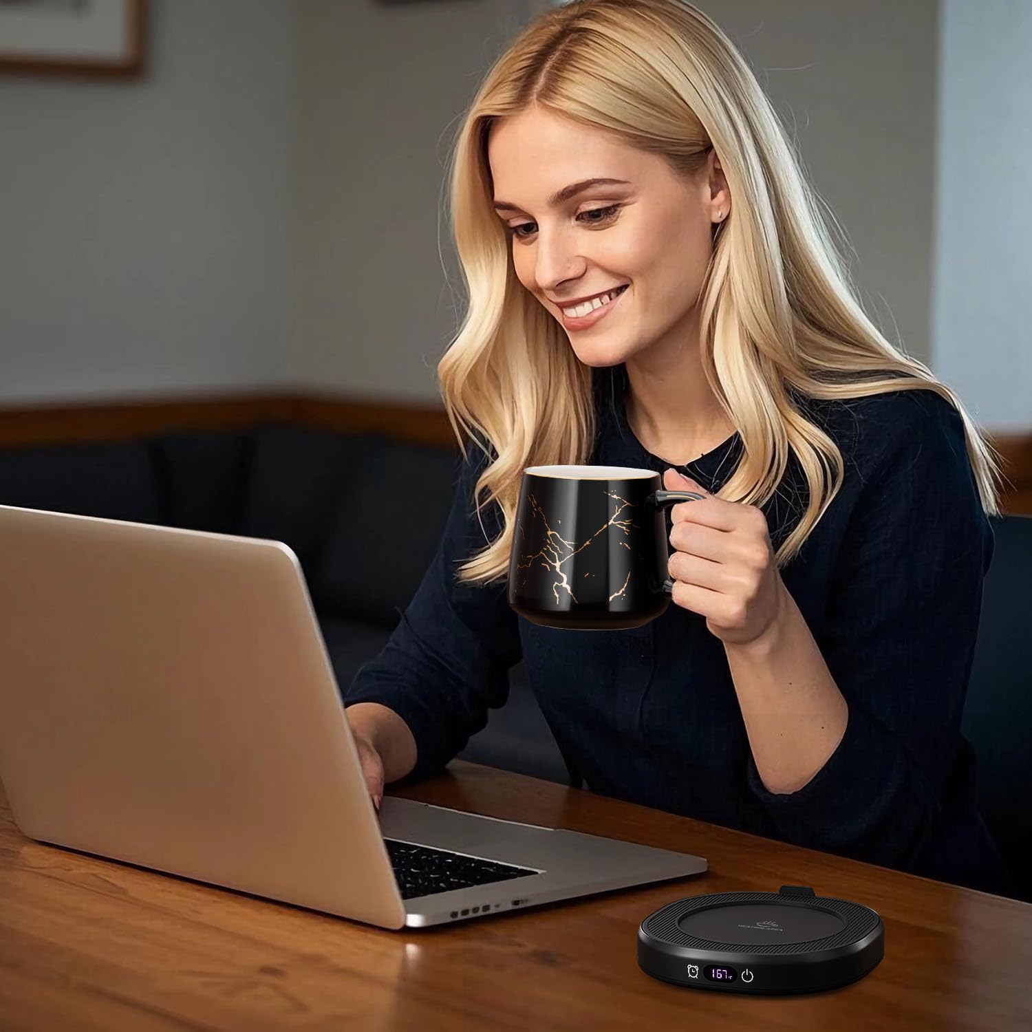 Juego de calentador de tazas de café y You are Awesome Mug Set, calentador eléctrico con apagado automático, 4 ajustes de temperatura, apagado automático de 8 horas (taza de mármol de lujo) 3