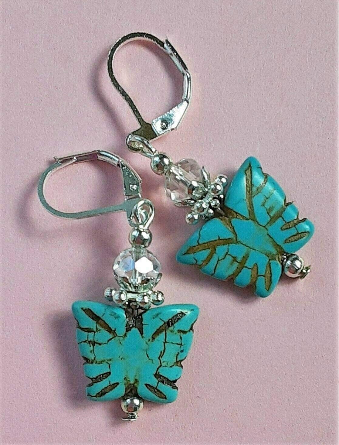 Turquoise Butterfly AB Crystal Earring SP Leverback Artisan Earrings For Women Set + Gift Box For Free