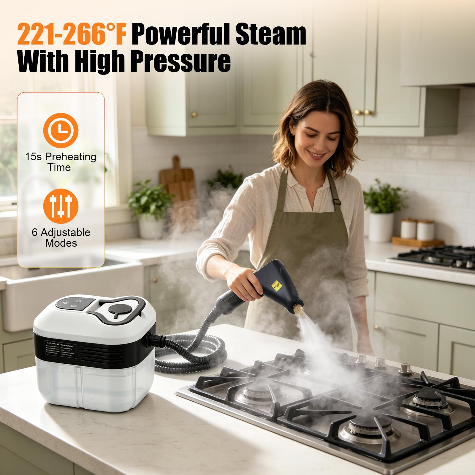2500W Dampfreiniger Handheld mit 4,5 Bar Hochdruck & 1500ml Tank - 6 Dampfstufen, 15s Schnellheizung für Küche, Bad, Auto, Polster & Böden - Chemiefreie Tiefenreinigung