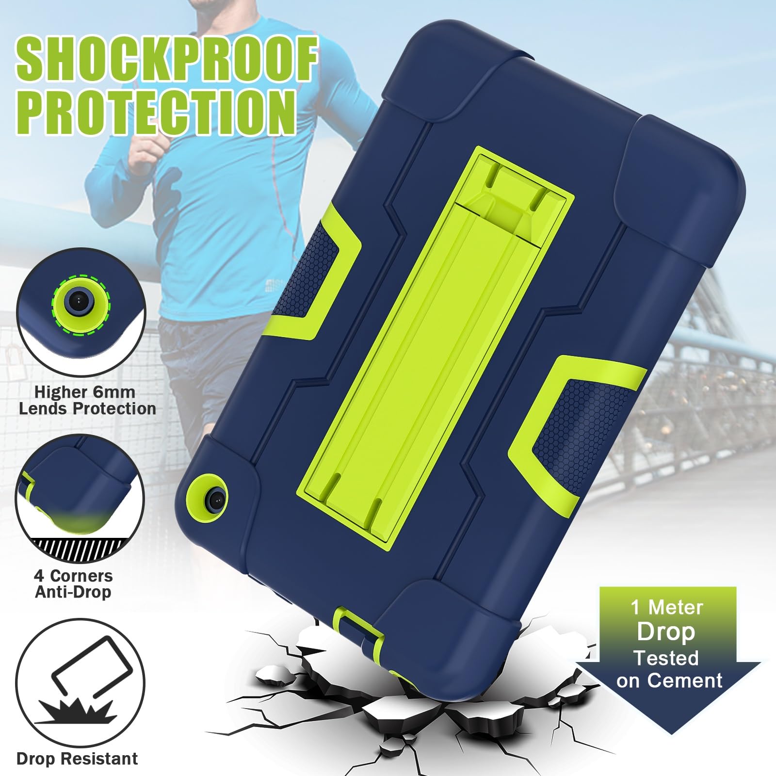 Etui ochronne kompatybilne z etui Kindle Fire 7 2022 Silikonowe na tablet podpórką, wytrzymała, odporna wstrząsy obudowa Wytrzymała osłona ochronna kompatybilna(Navy Blue+Qlivine)