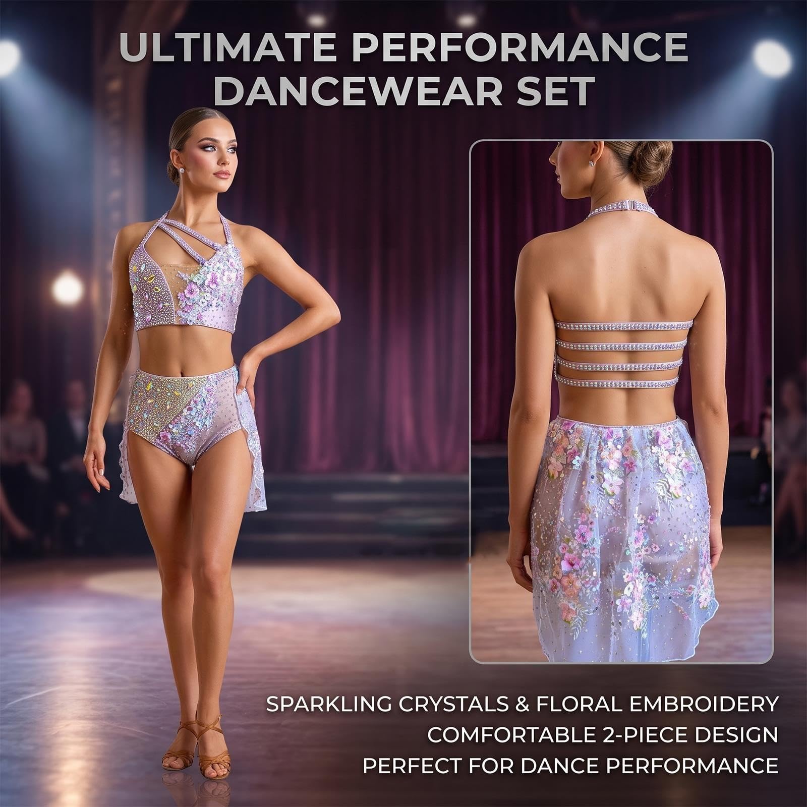 Strój do tańca lirycznego damski dziewczęcy 2-częściowy z kryształkami
