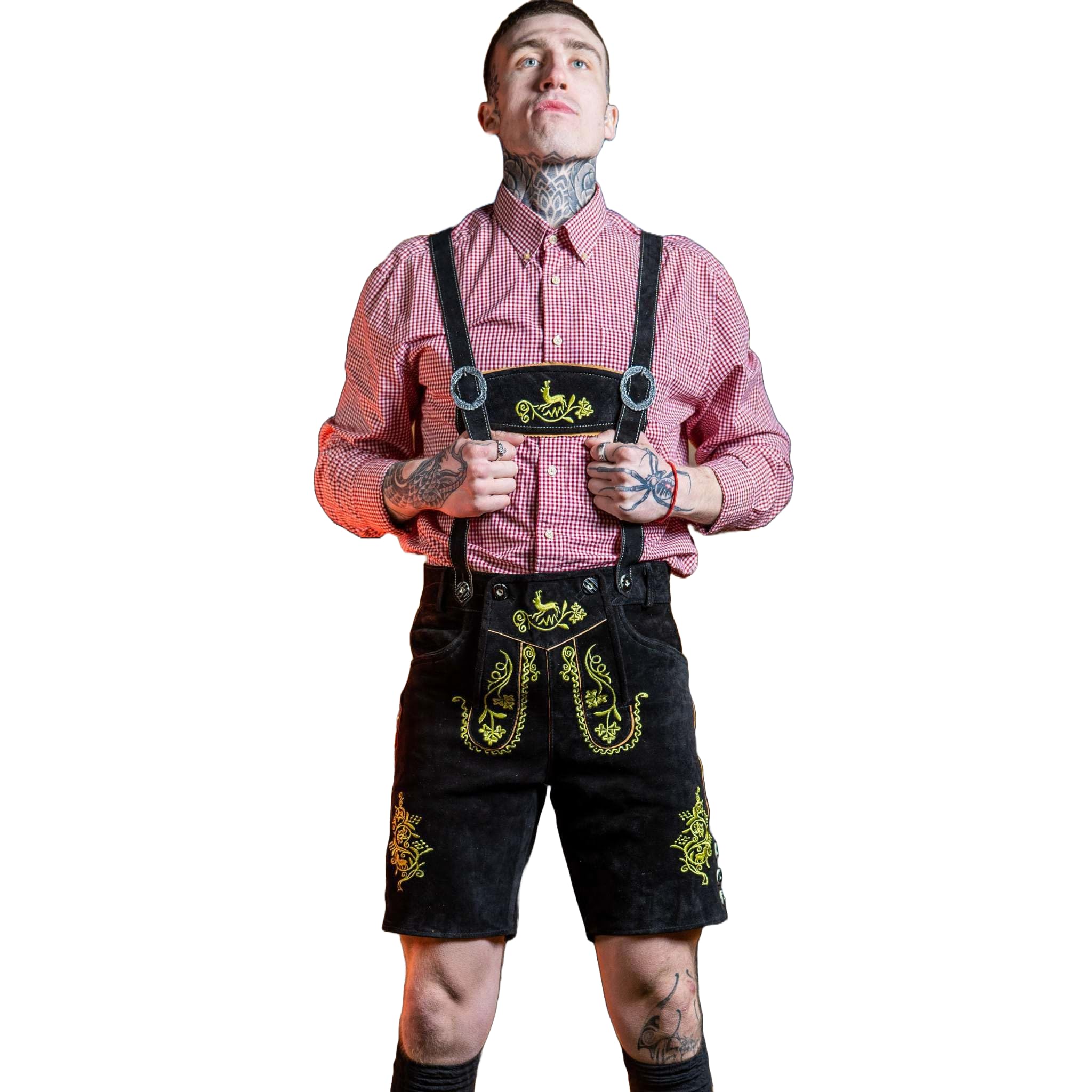 RAC3 Oktoberfest Mens Lederhosen Real Cowhide Suede Leather with Matching Suspenders Bavarian Shorts (Black, 40)