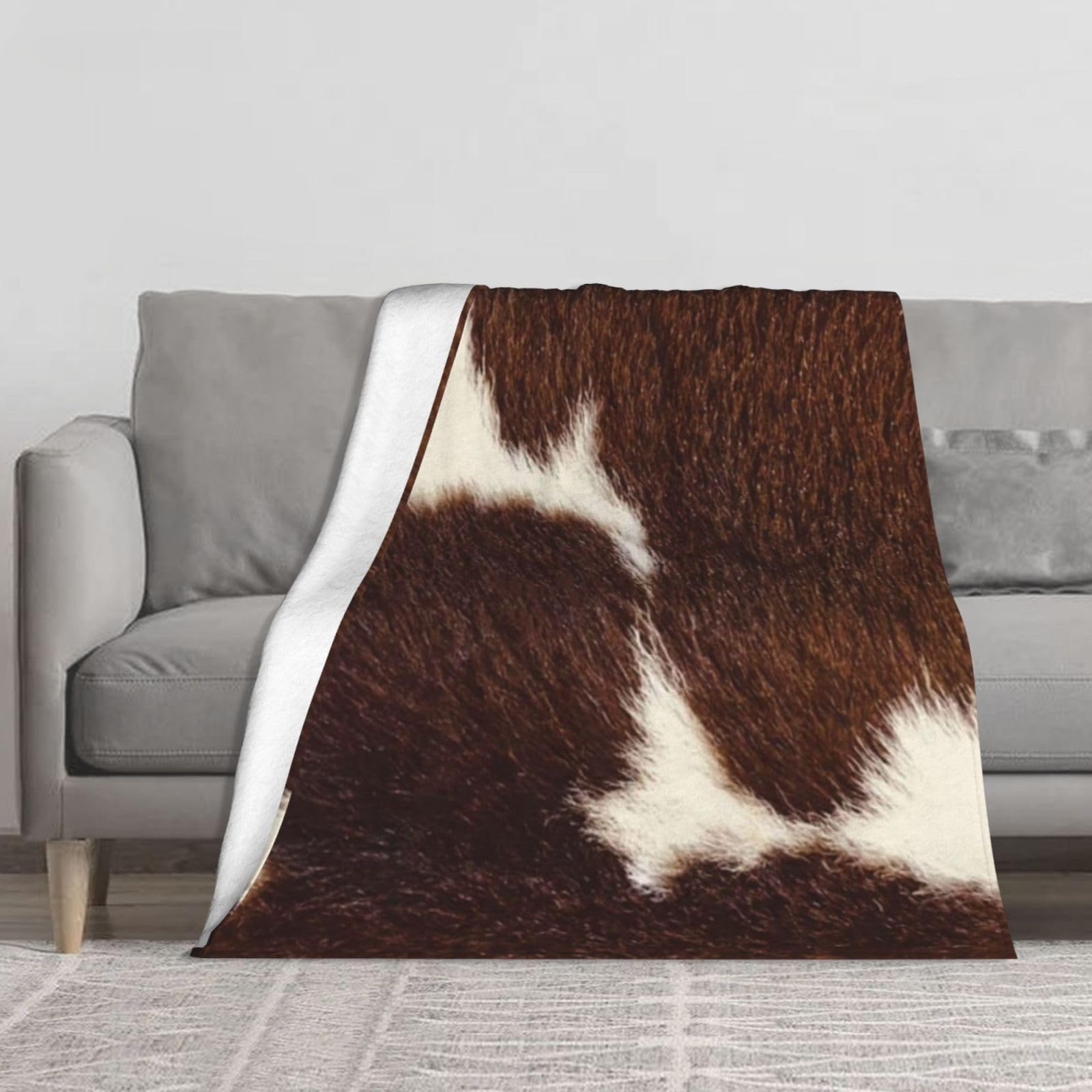 BYwenhopnbs Real Brown And White Cow Hide,Super Soft Thick Comfy Cozy Throw Flannel Blanket Couch 60"x50"