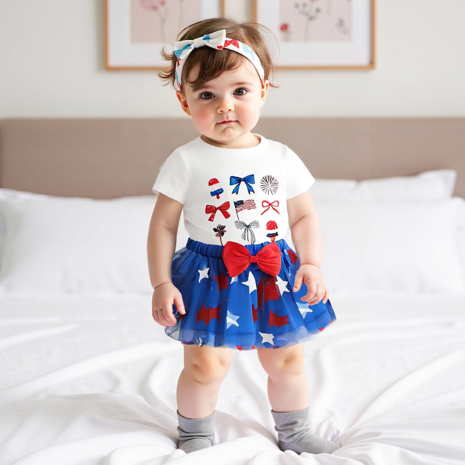 MAINESAKA 4th Of July Baby Girl Clothes Toddler Tulle Skirt Outfit Short Sleeve Romper Shirt And Skirt Set Patriotic Clothes (F-White, 3-4T)