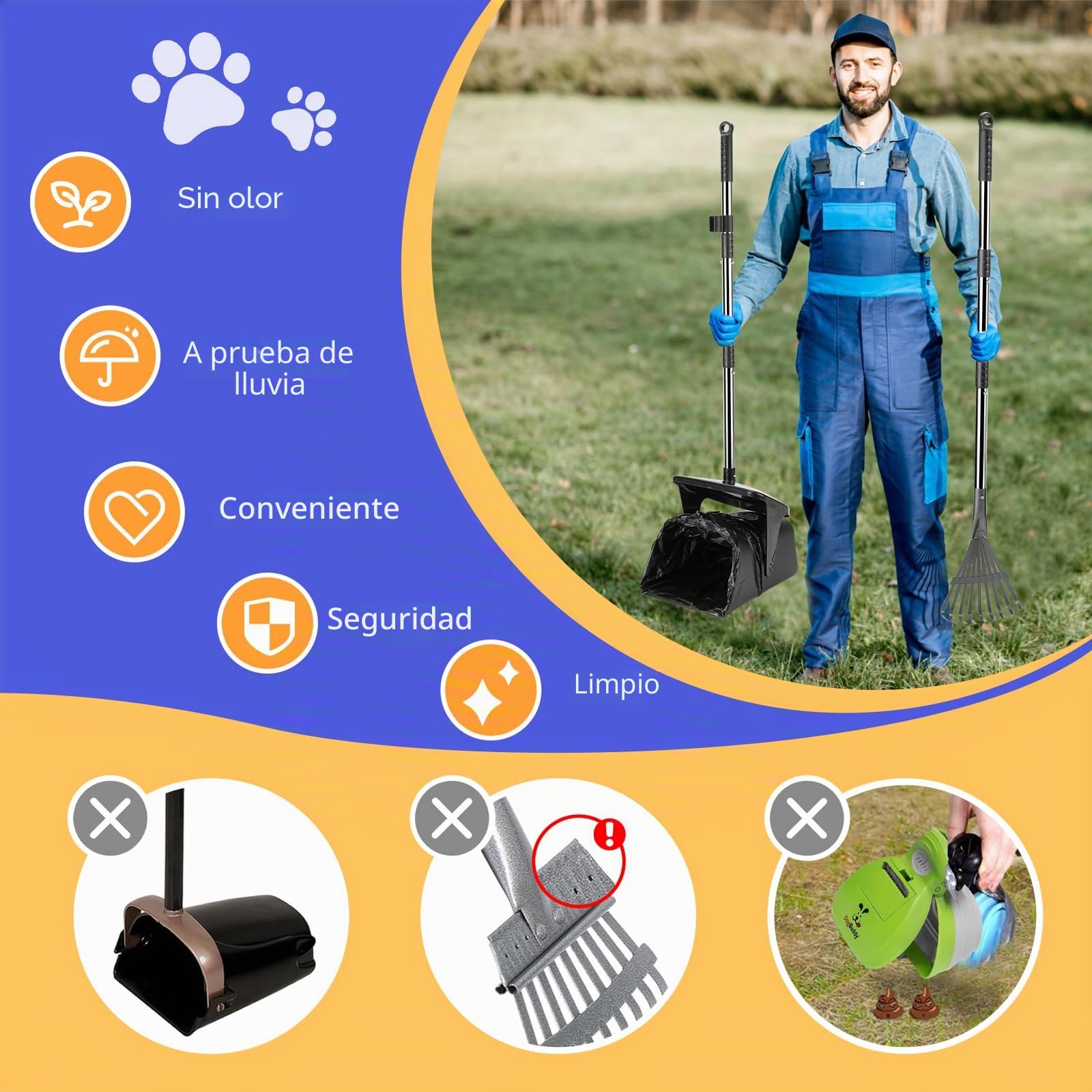 Kit Recogedor de Excrementos para Perros con Cubo Giratorio, Rastrillo y 20 Bolsas – Mango Largo para Jardín y Exterior