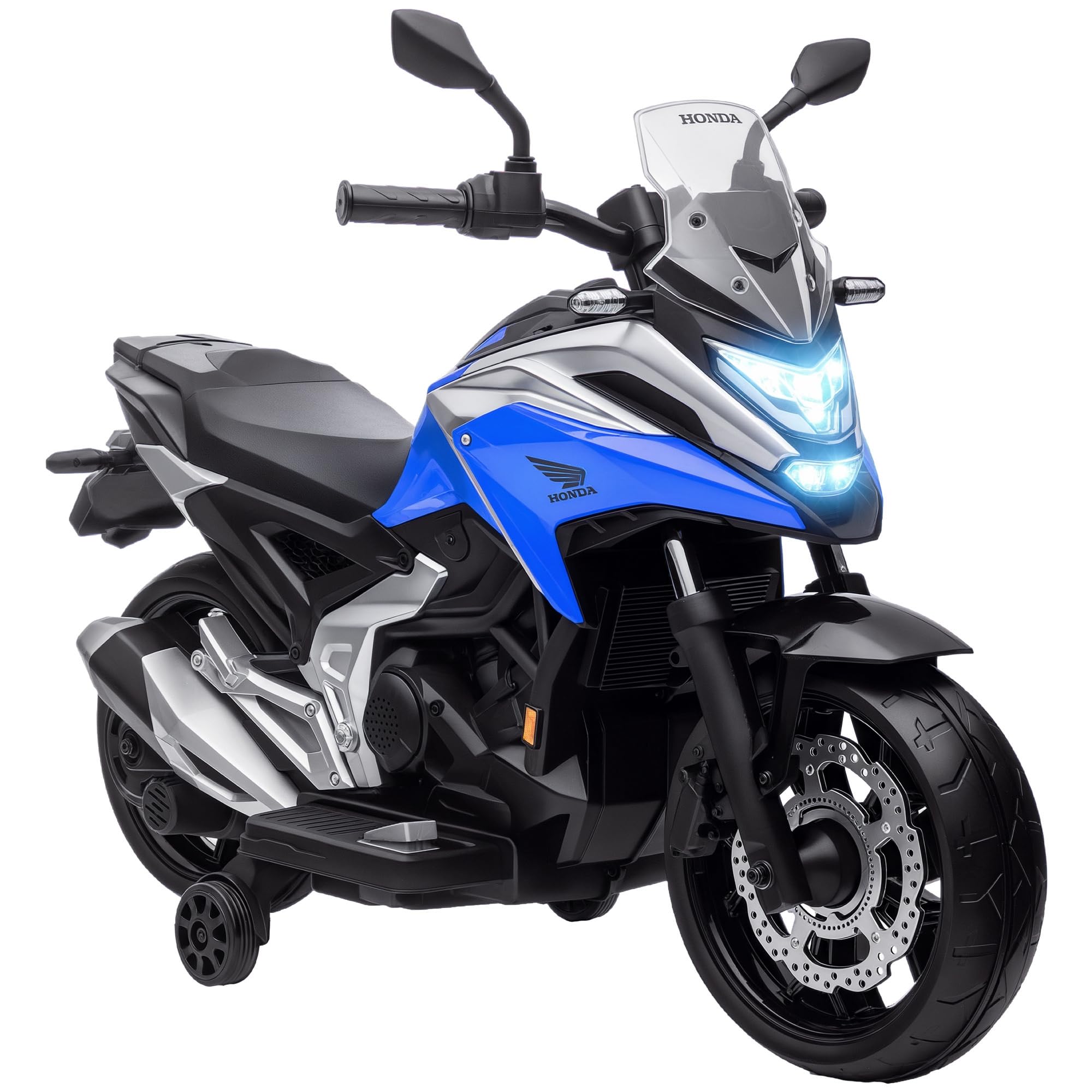 AIYAPLAY Moto électrique pour Enfants Moto Porteur Honda pour Enfants 3 à 6 Ans avec Musique, phares - Voiture électrique avec 2 Roues d'entraînement - dim. 107L x 46l x 75H cm Bleu