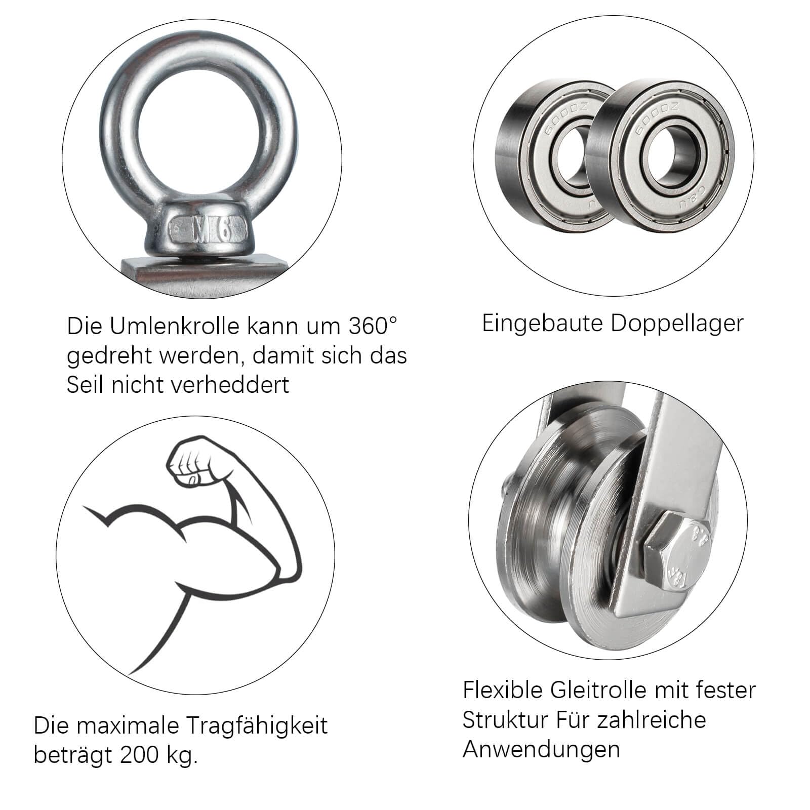40mm Umlenkrolle mit 2 Kugellager, Edelstahl Fitness flaschenzug mit 10m Nylon Seile und Clip，Umlenkrollen für 8mm Seile Stahlseil, Tragkraft 200kg