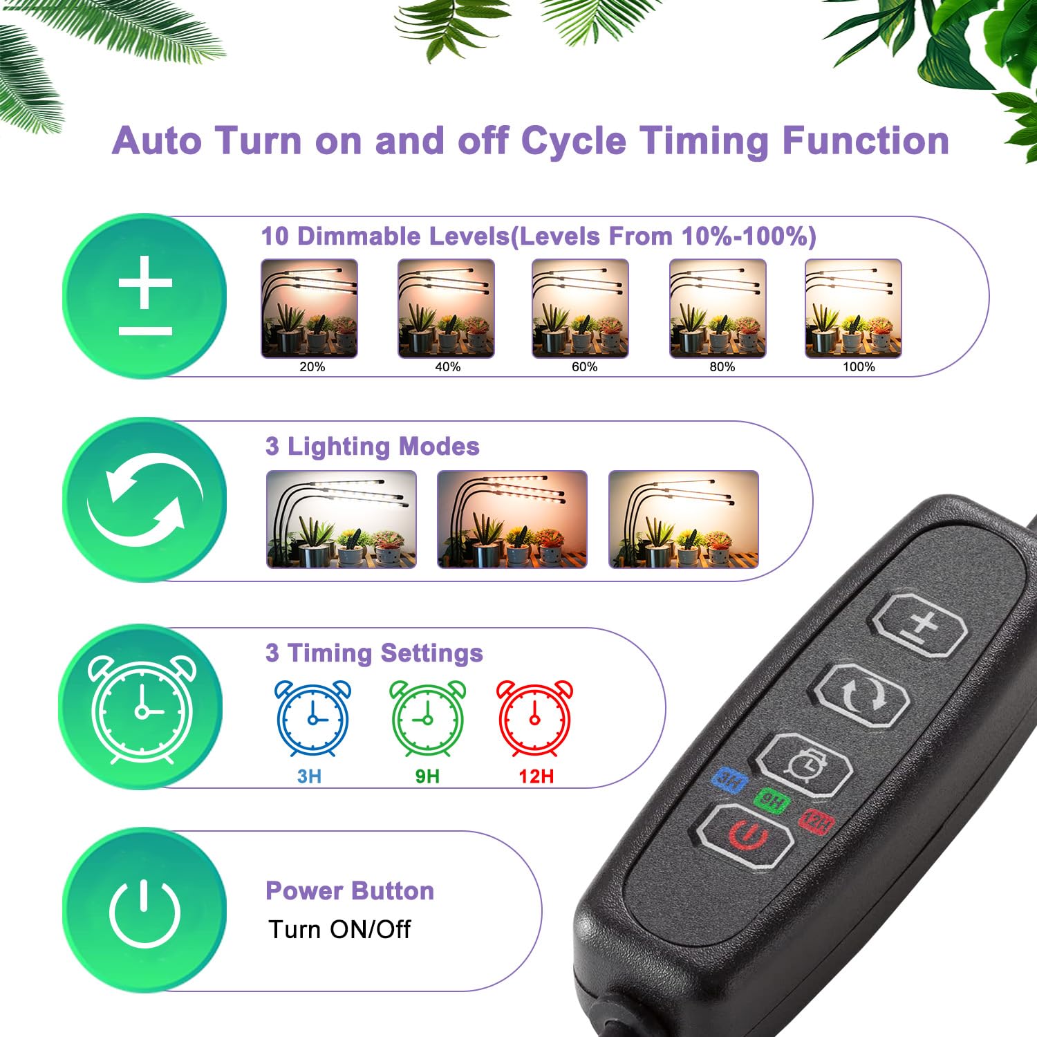 3 teste di luce per piante, Lampada per Piante LEDs, Lampada Piante Coltivazione, Luce di crescita a spettro completo, Lampada di Crescita con Timer Auto on/off 3/9/12H per Frutta Verdure Fiore