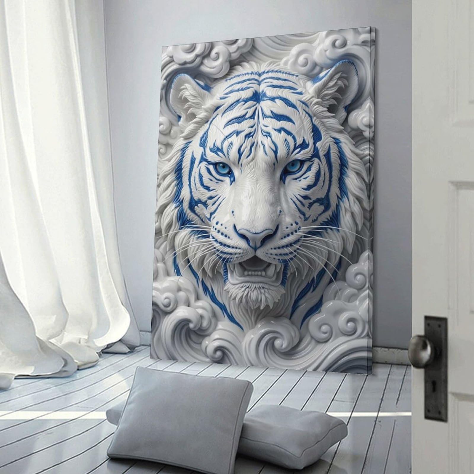 Junmoney White Tiger with Blue Stripes Hanging Wall Art 20x30inch(50x75cm), for Study, Office Or Focused Interiors, Wall Art That Adds Style to Work Areas