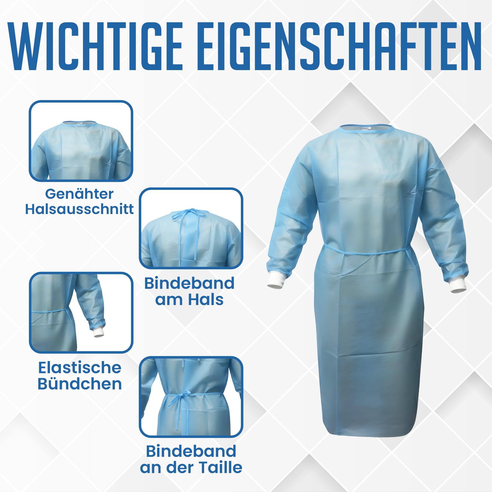 10 Stück - Patientenkittel & Isolationskittel – Einweg-Schutzkittel/Besucherkittel – Krankenhauskittel - Schutzkittel für Pflege – PP-Vlies – Universalgröße – Hellblau – 35 g/m² - BORNOVA