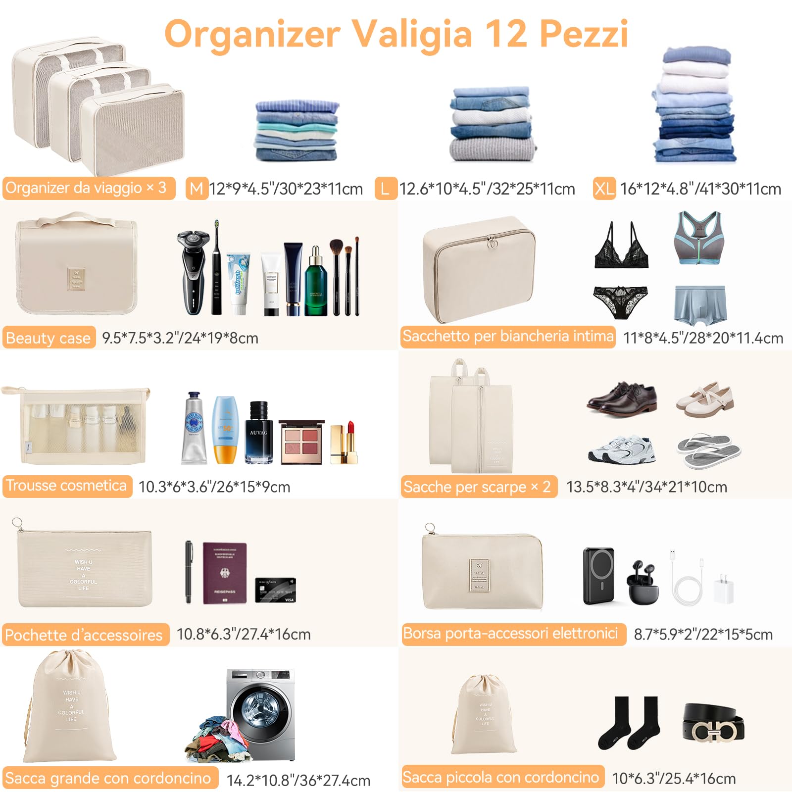 Organizer Valigia 12 Pezzi (Beige), set organizer per valigia, organizer viaggio, packing cubes, sacchetti vestiti viaggio