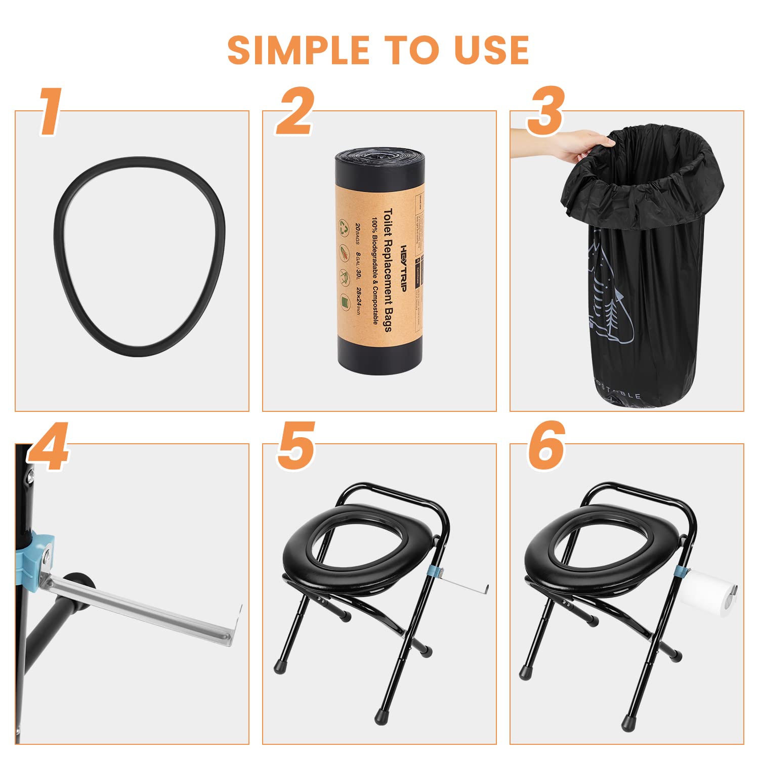 Heytrip Upgraded Portable Toilet for Camping with 40 Toilet Bags, 350LBS Capacity Stainless Steel Camping Toilet with Leather Seat, Foldable Portable Toilet Seat for Camping, Car Travel & Emergency