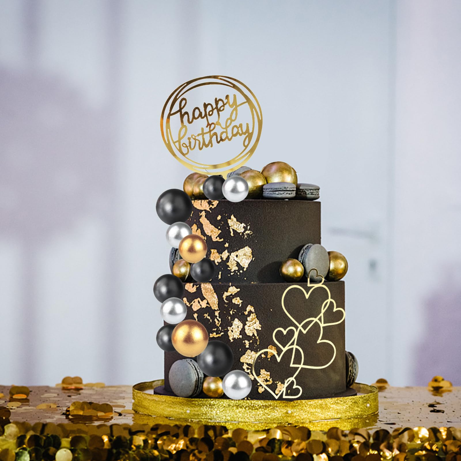75 PCS Black & Gold Cake Decoration Balls With Happy Birthday Pick - Foam Cake Topper Set For Parties, Weddings, Baby Showers - View #6