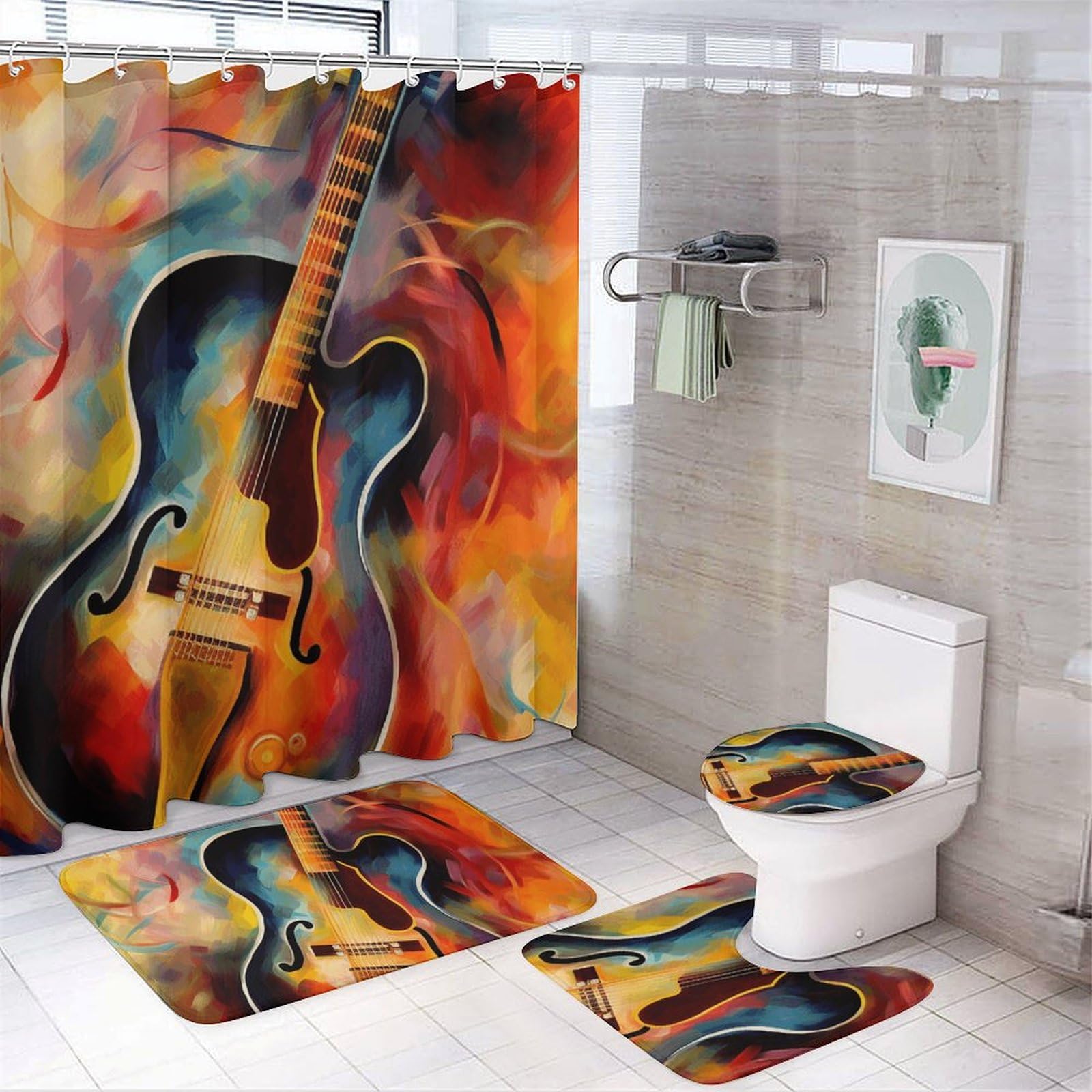 Rideau de douche Oxford et tapis de bain guitare abstraite